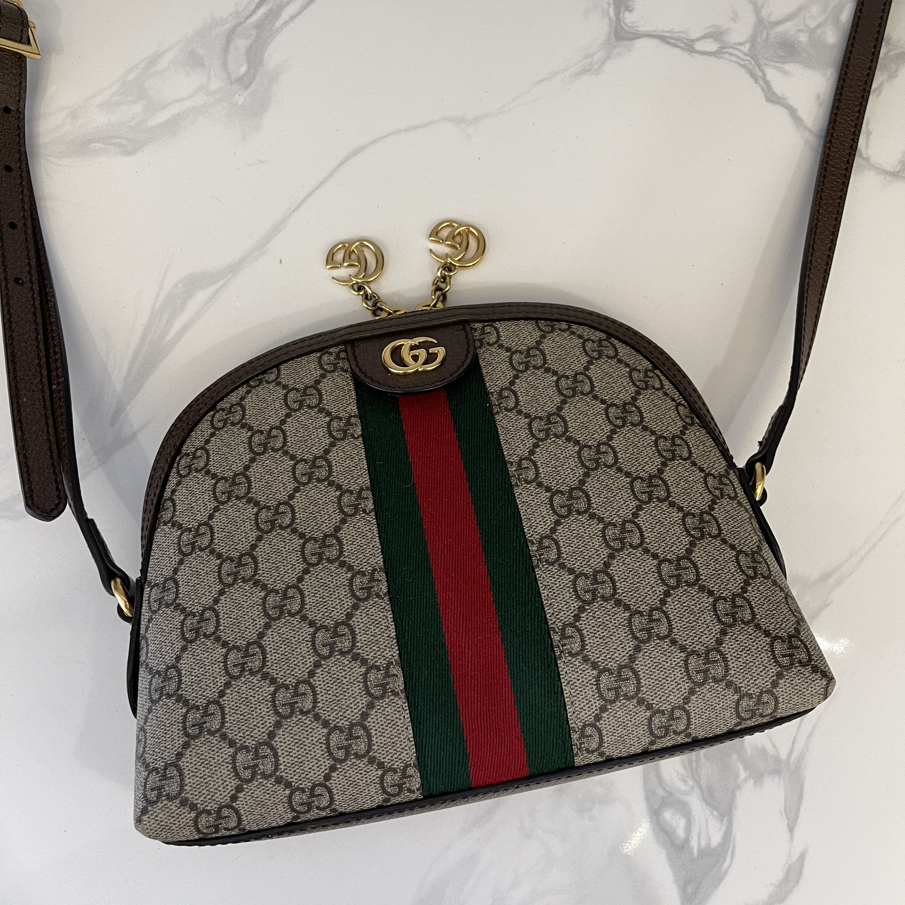 Gucci GG Supreme Monogram Web Small Ophidia Dome Shoulder Bag Brown