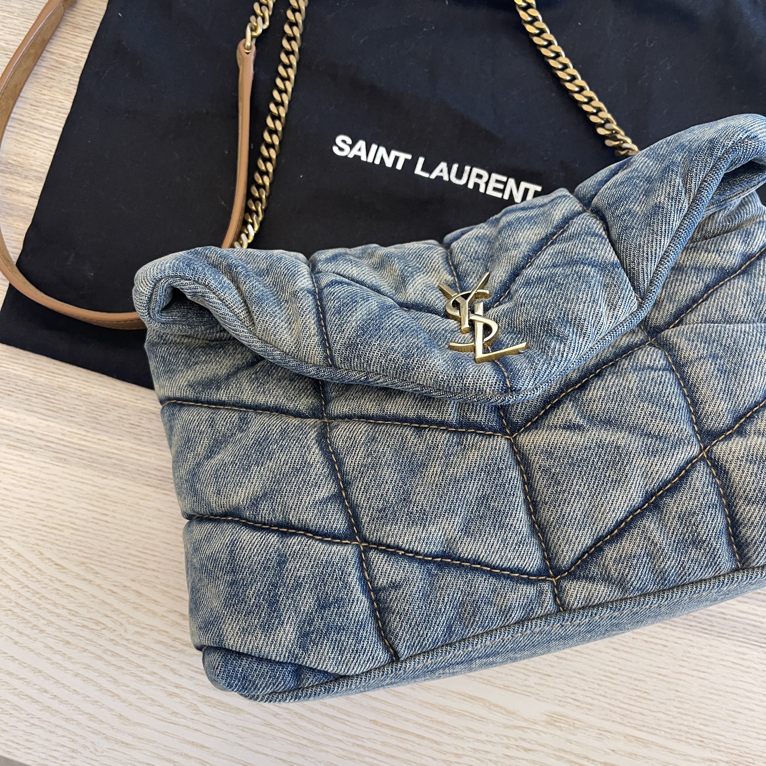Puffer Small Denim Shoulder Bag in Blue - Saint Laurent