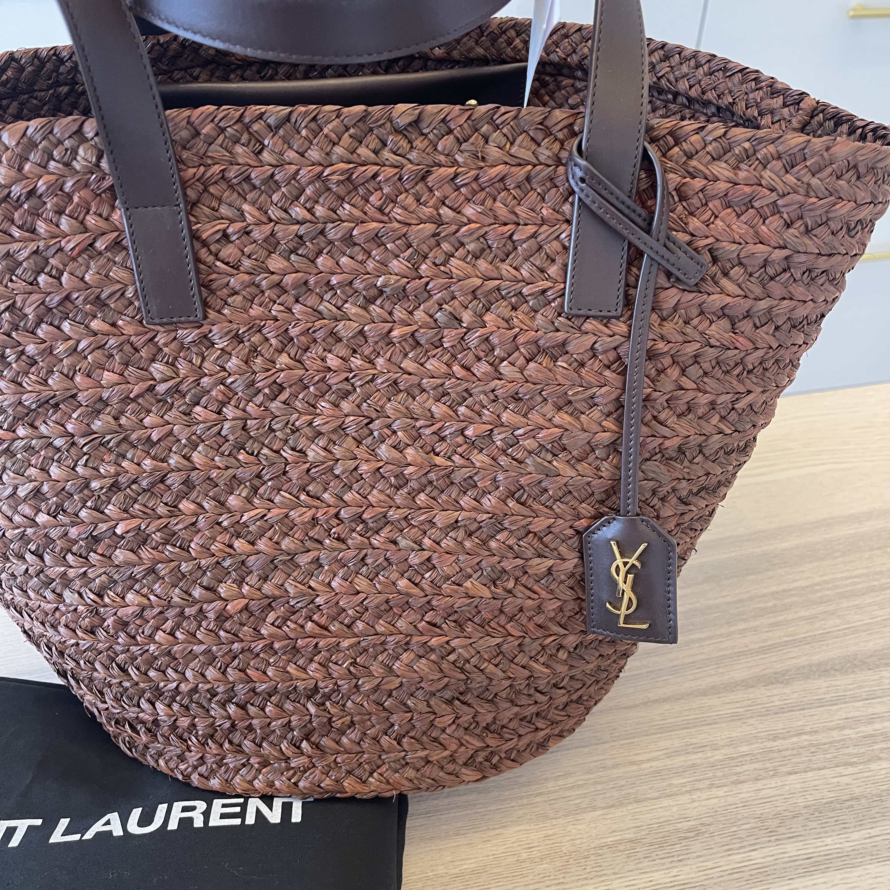 SAINT LAURENT Panier medium leather-trimmed raffia tote bag