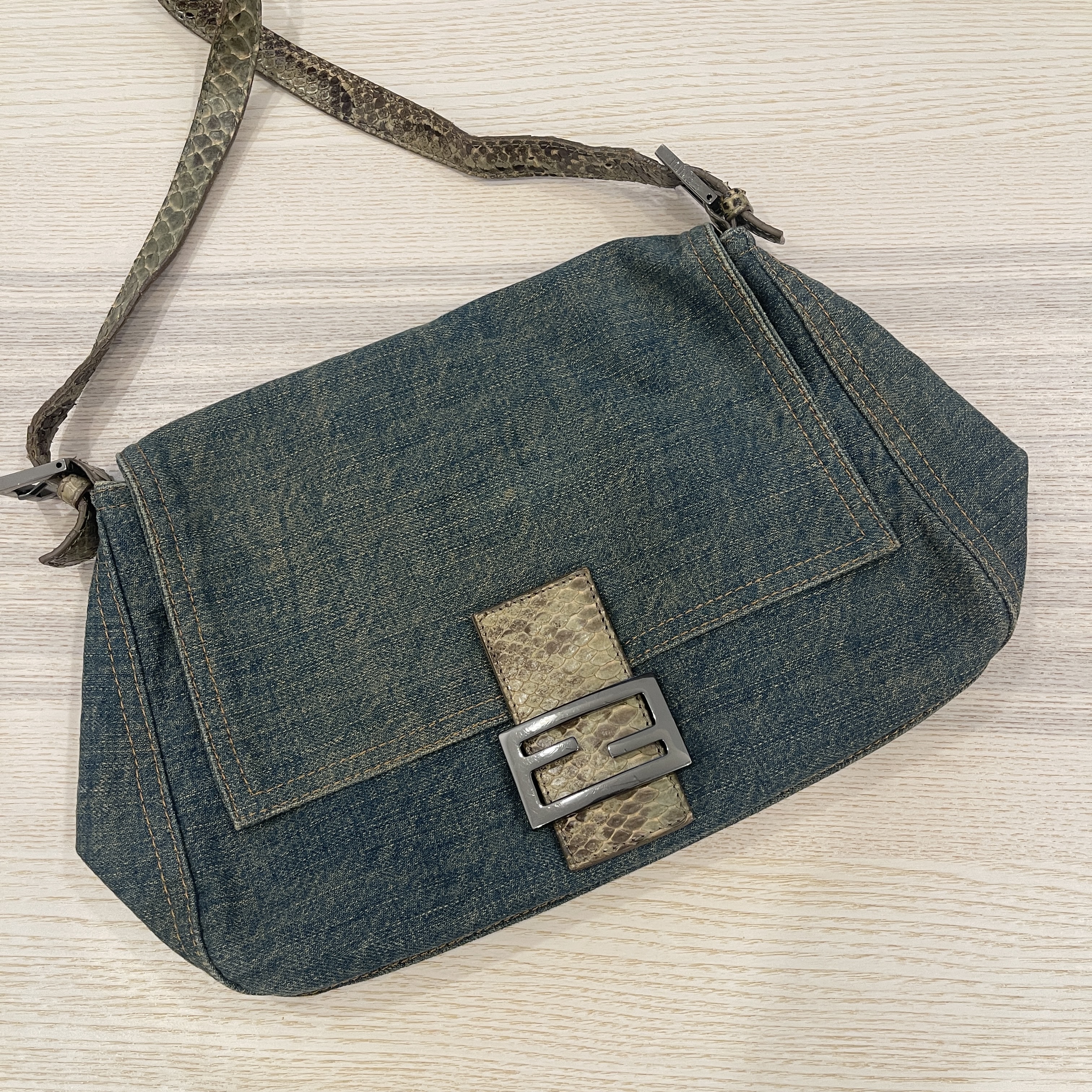 Vintage Python FENDI Denim Camo MINI Baguette Hand Bag Purse Limited  Edition!!