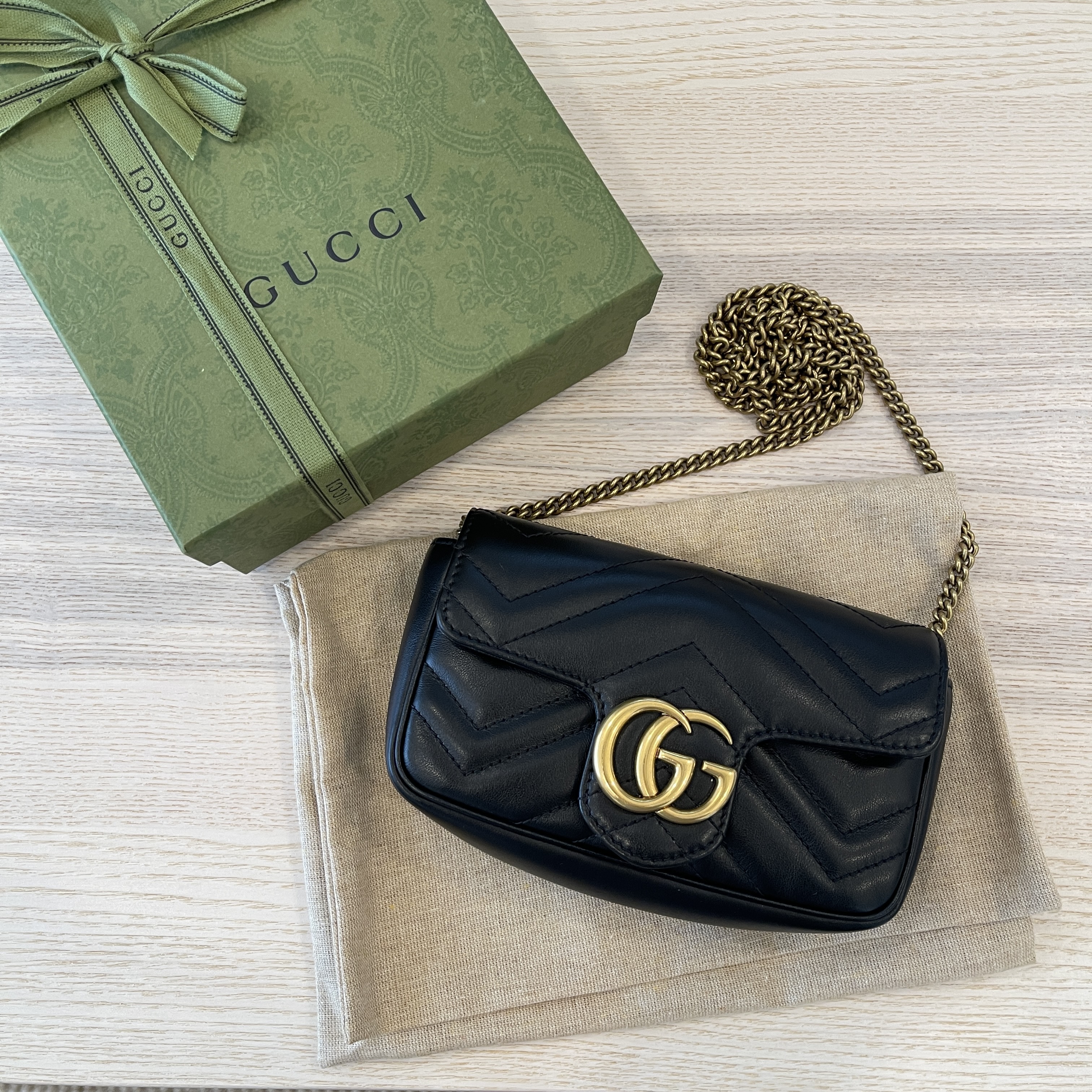 GUCCI Calfskin Matelasse Super Mini GG Marmont Shoulder Bag Black