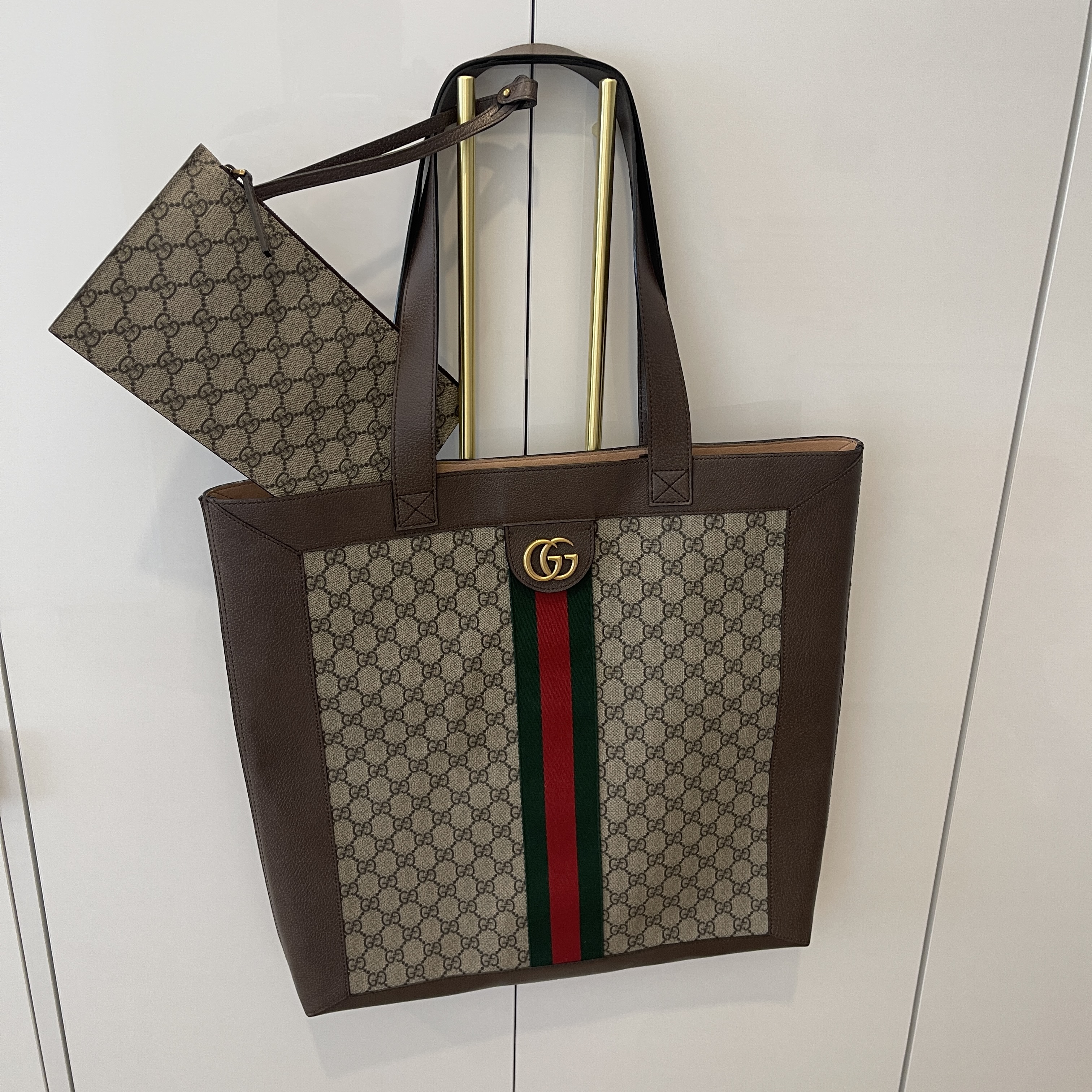 GUCCI GG Monogram Large Web Handle Vertical Tote Dark Brown