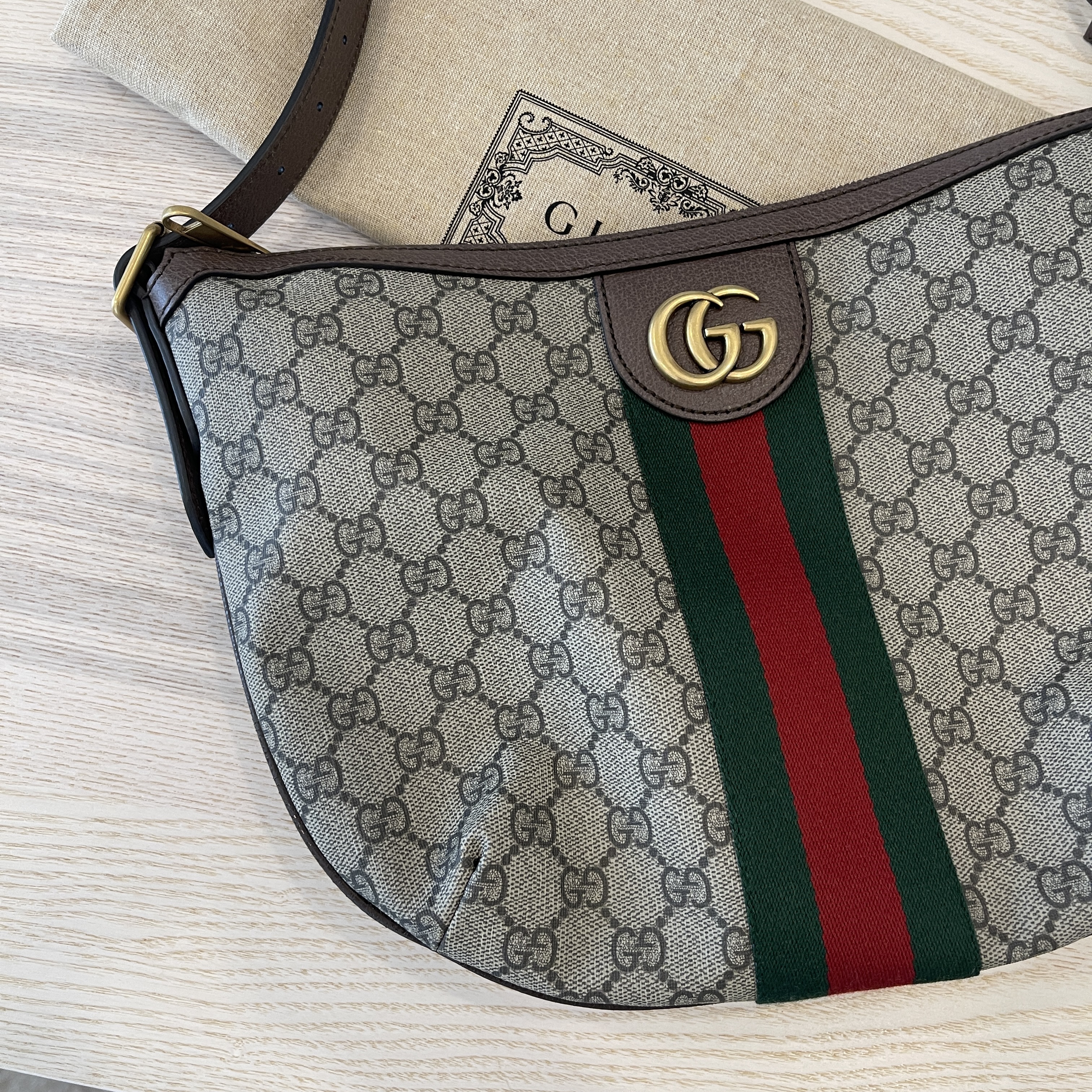 Gray Gucci Small GG Supreme Web Ophidia Half Moon Crossbody Bag