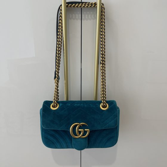 Gucci Marmont Matelasse Small Gg Petrol Blue Velvet Shoulder Bag