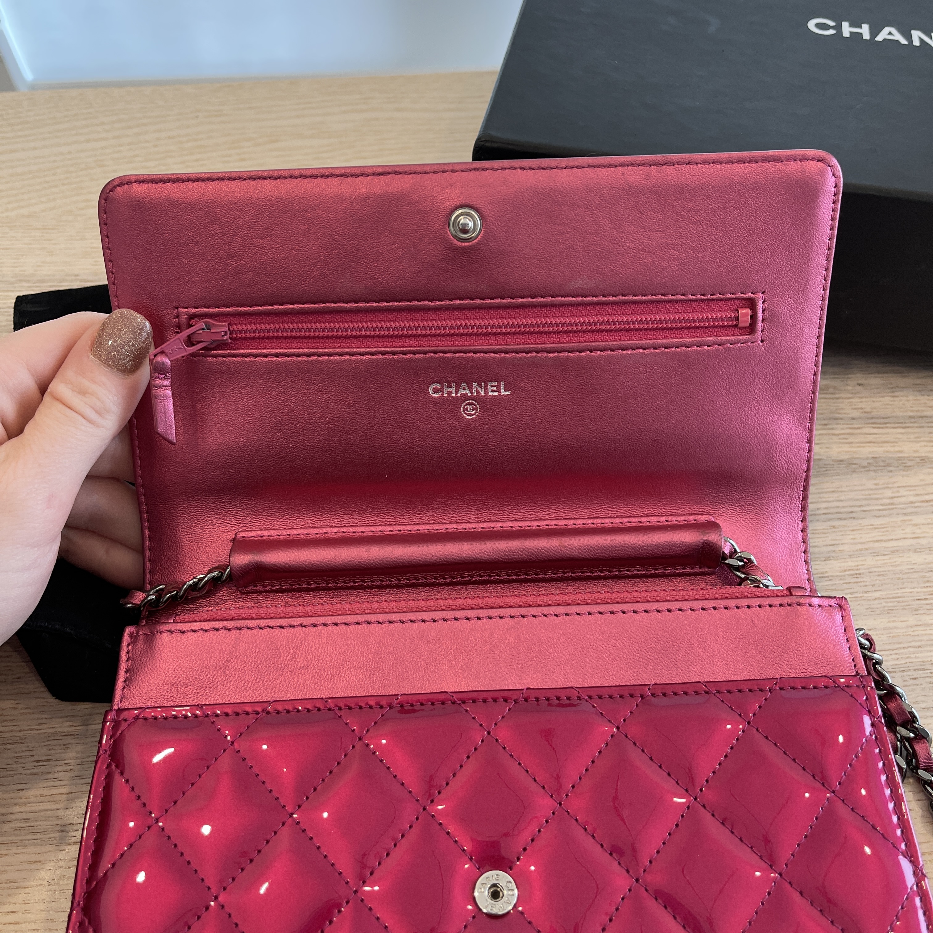 Chanel Lucky Symbols Chain Organizer Wallet Embossed Quilted Patent at  1stDibs