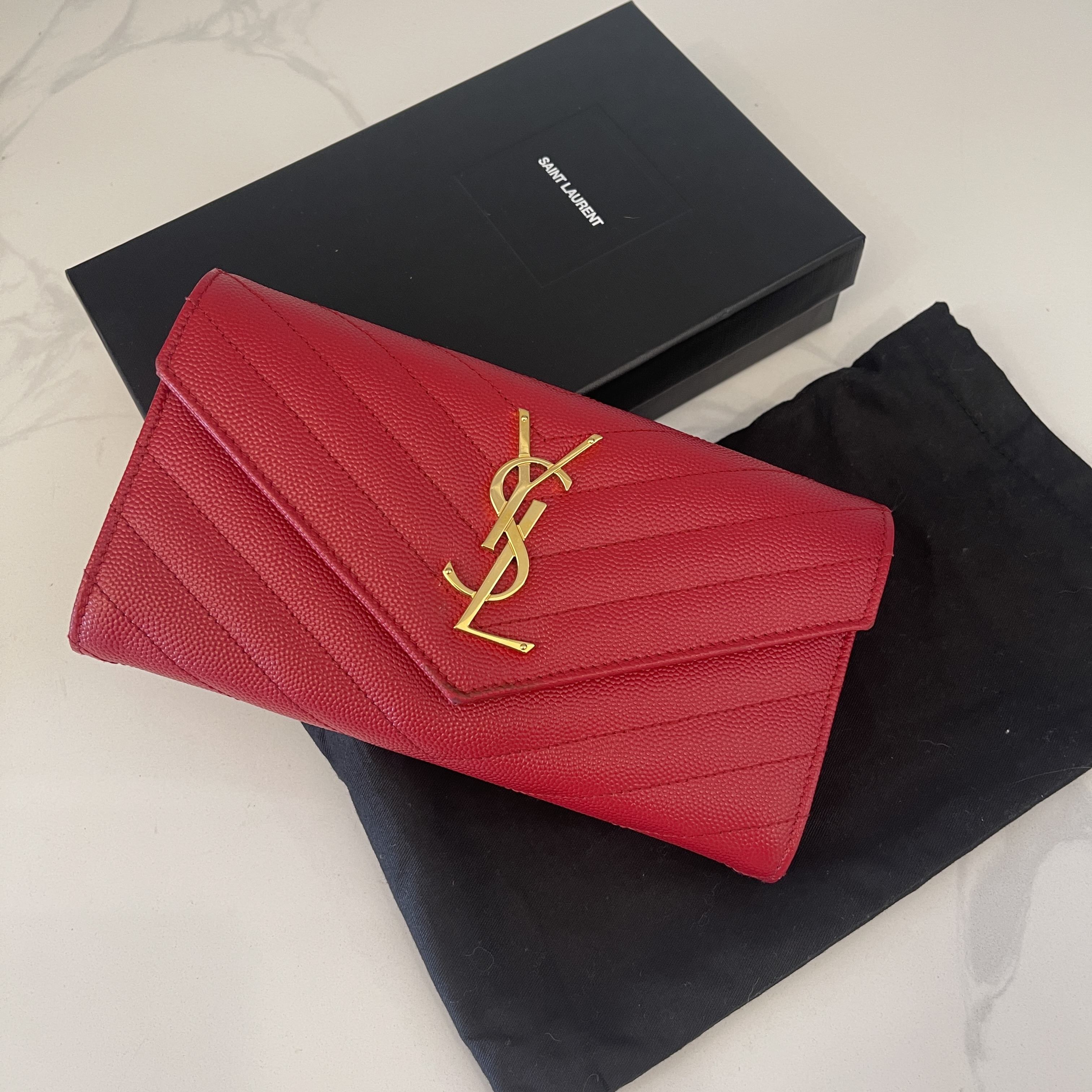 Saint Laurent Long Wallet YSL Monogram Large Flap Red Leather With BOX and  Pouch