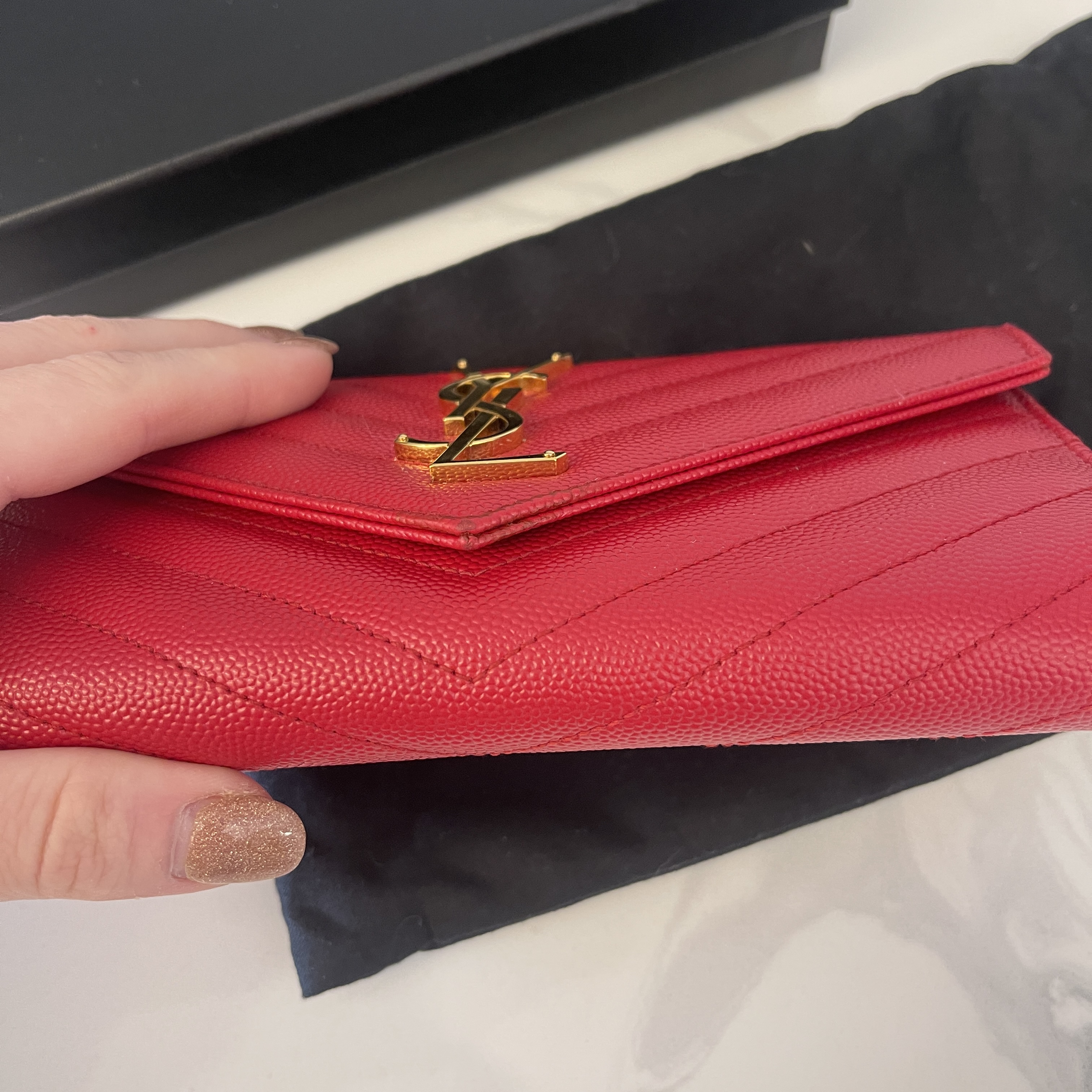 YSL Monogram Wallet on Chain Grain De Poudre Envelope Red Leather