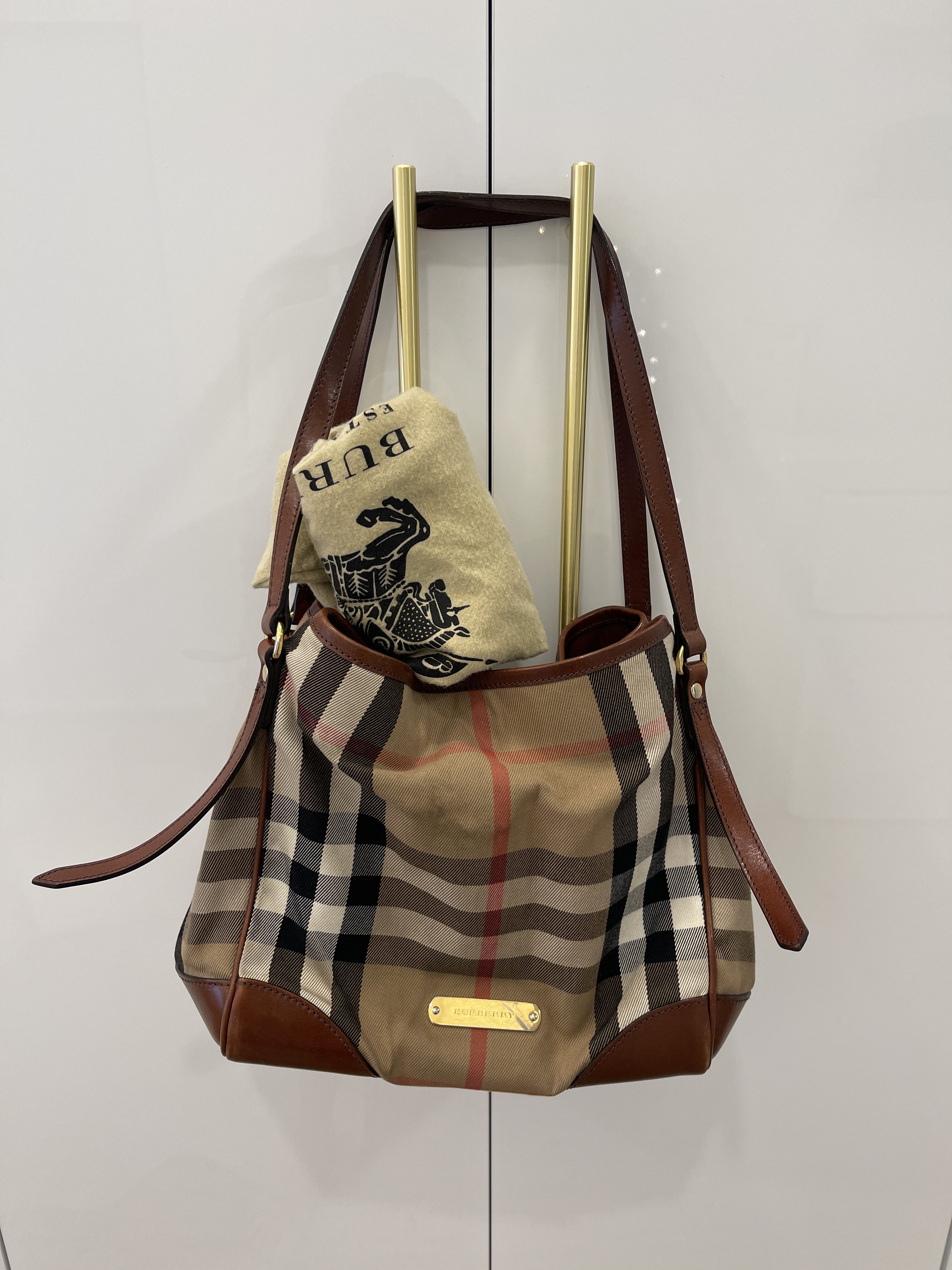 Burberry Brown Leather Bridle House Check Canvas Canterbury Tote Bag