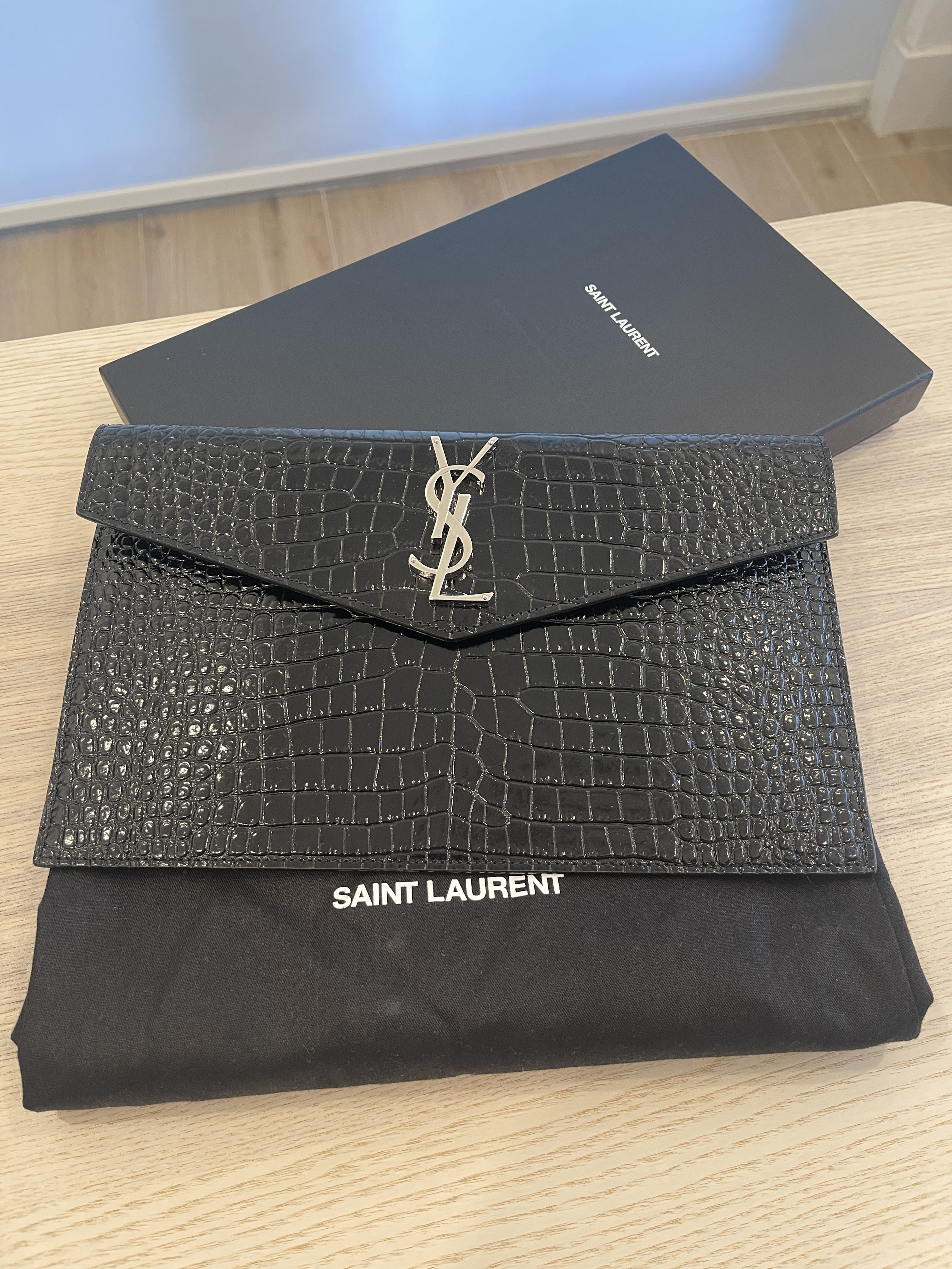 Saint Laurent Black Croc Embossed Leather Uptown Pouch Saint
