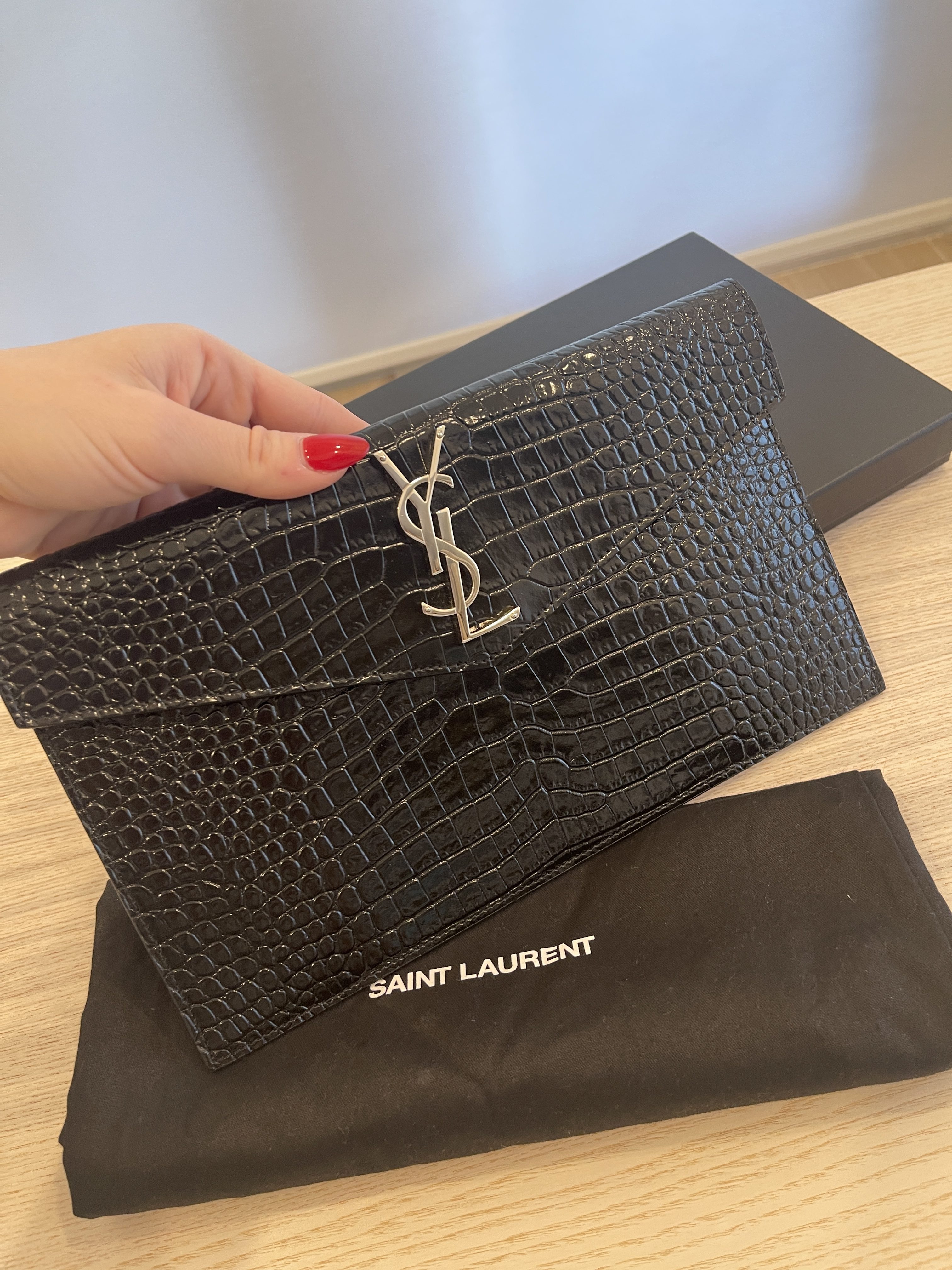 Saint Laurent Uptown Pouch in Crocodile Embossed Shiny Leather Black