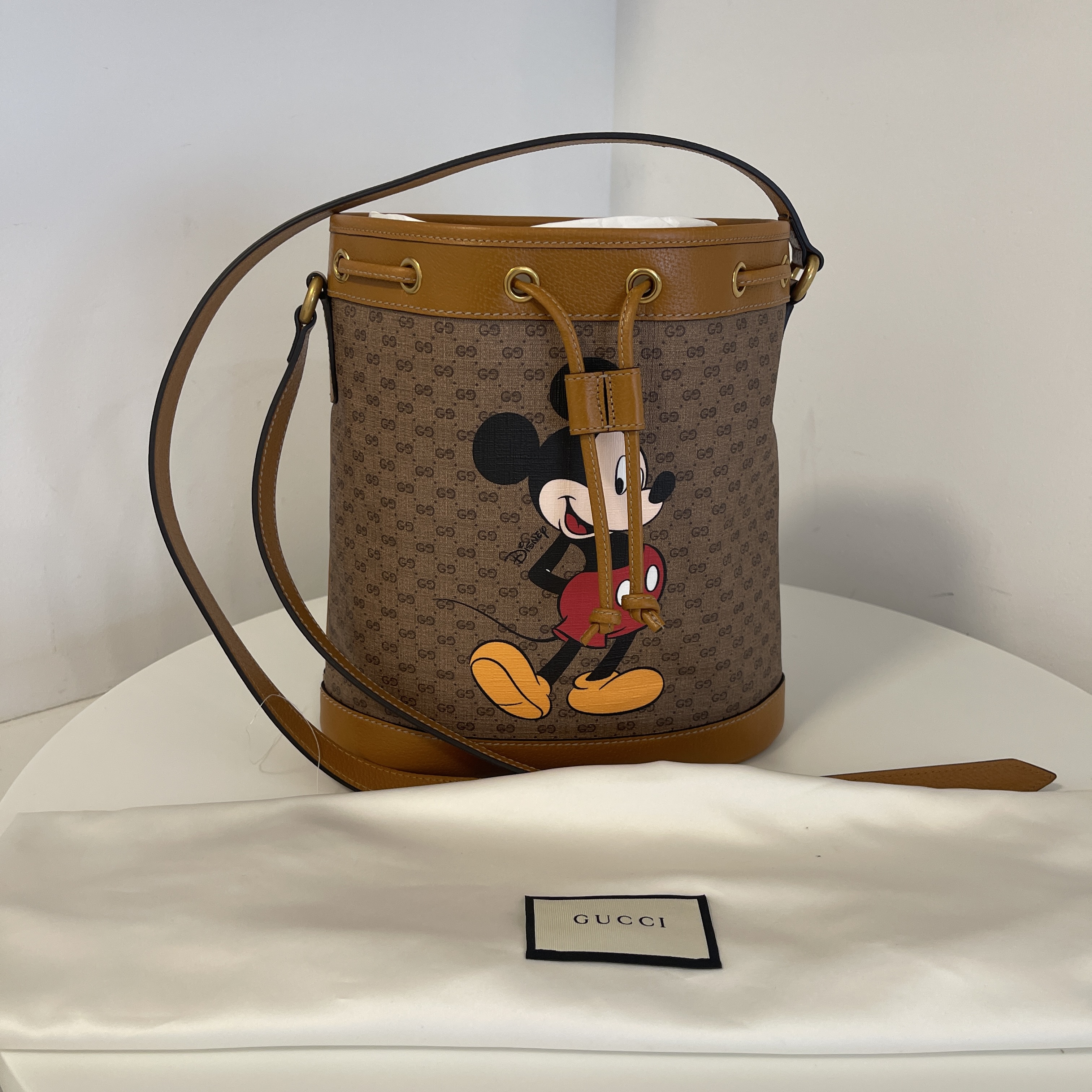 Gucci x Disney Mickey Beige/Brown GG Supreme Monogram Canvas Bucket Bag, Designer Brand, Authentic Gucci
