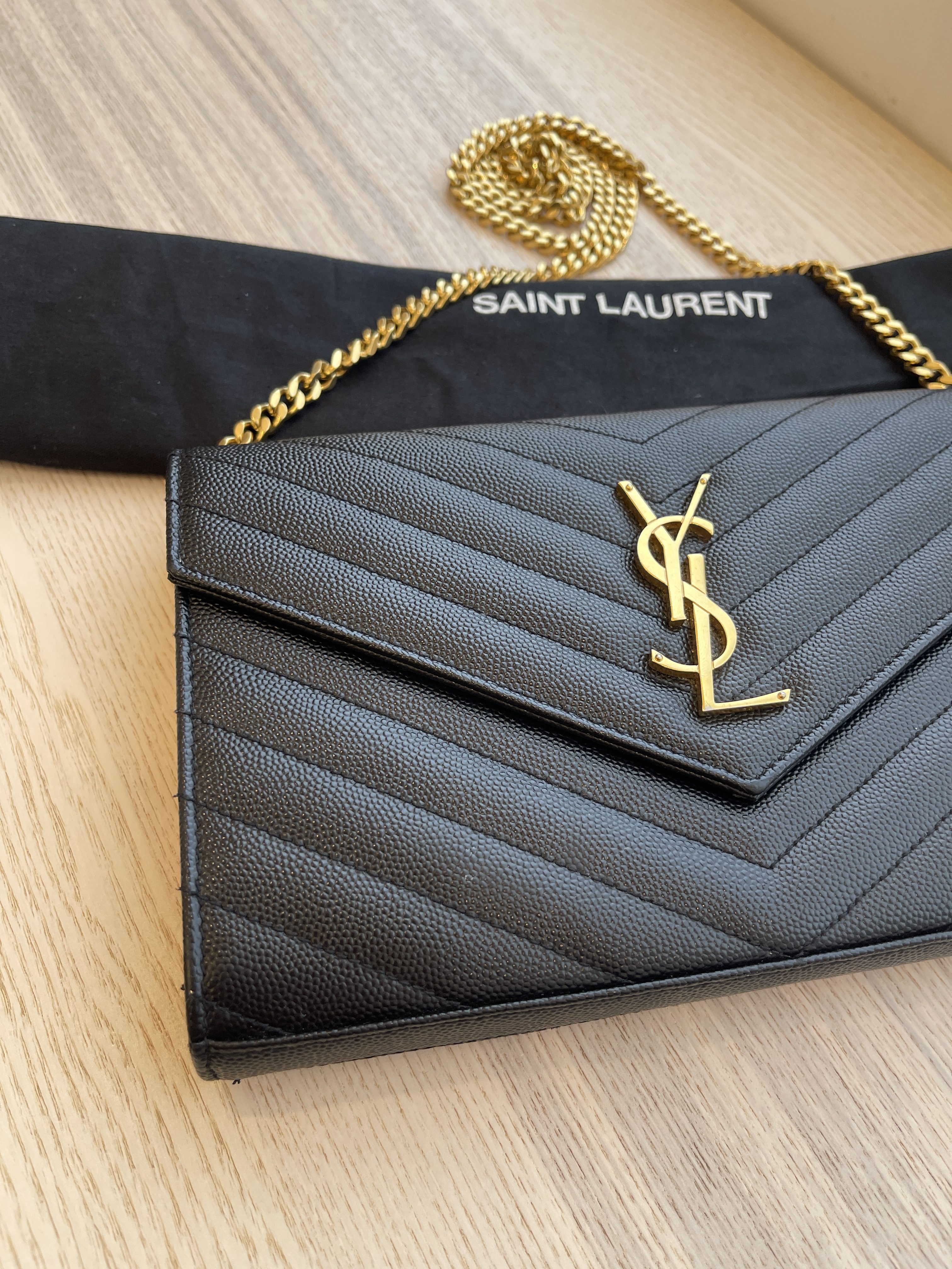 Saint Laurent Envelope Quilted Leather Chain Wallet Black Gold Hardware