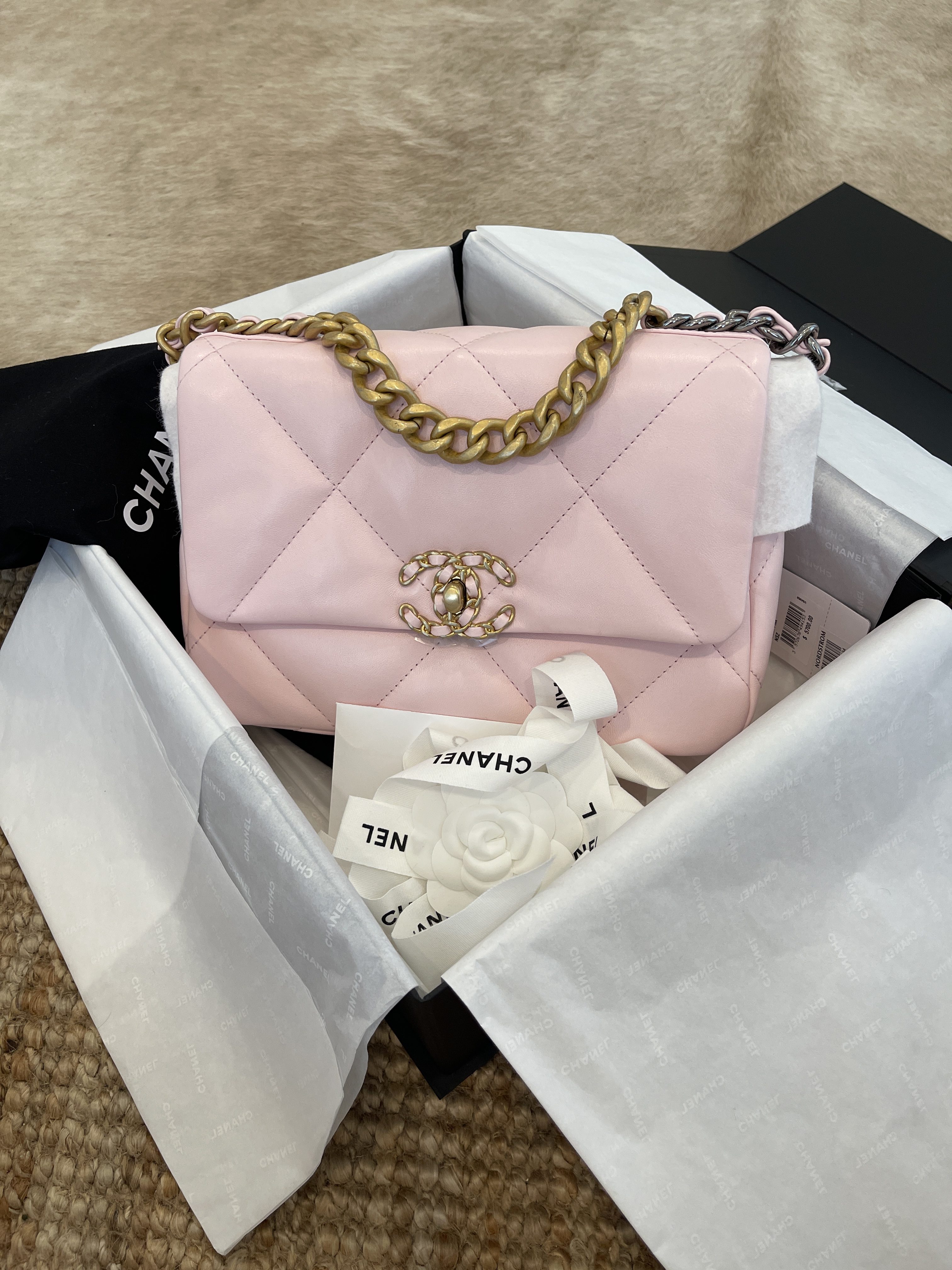 New  Chanel 19 bag 22C small baby pink silver gold hardware  chain logo handbag  purse classic flap bag Womens Fashion Bags  Wallets Shoulder Bags on  Carousell