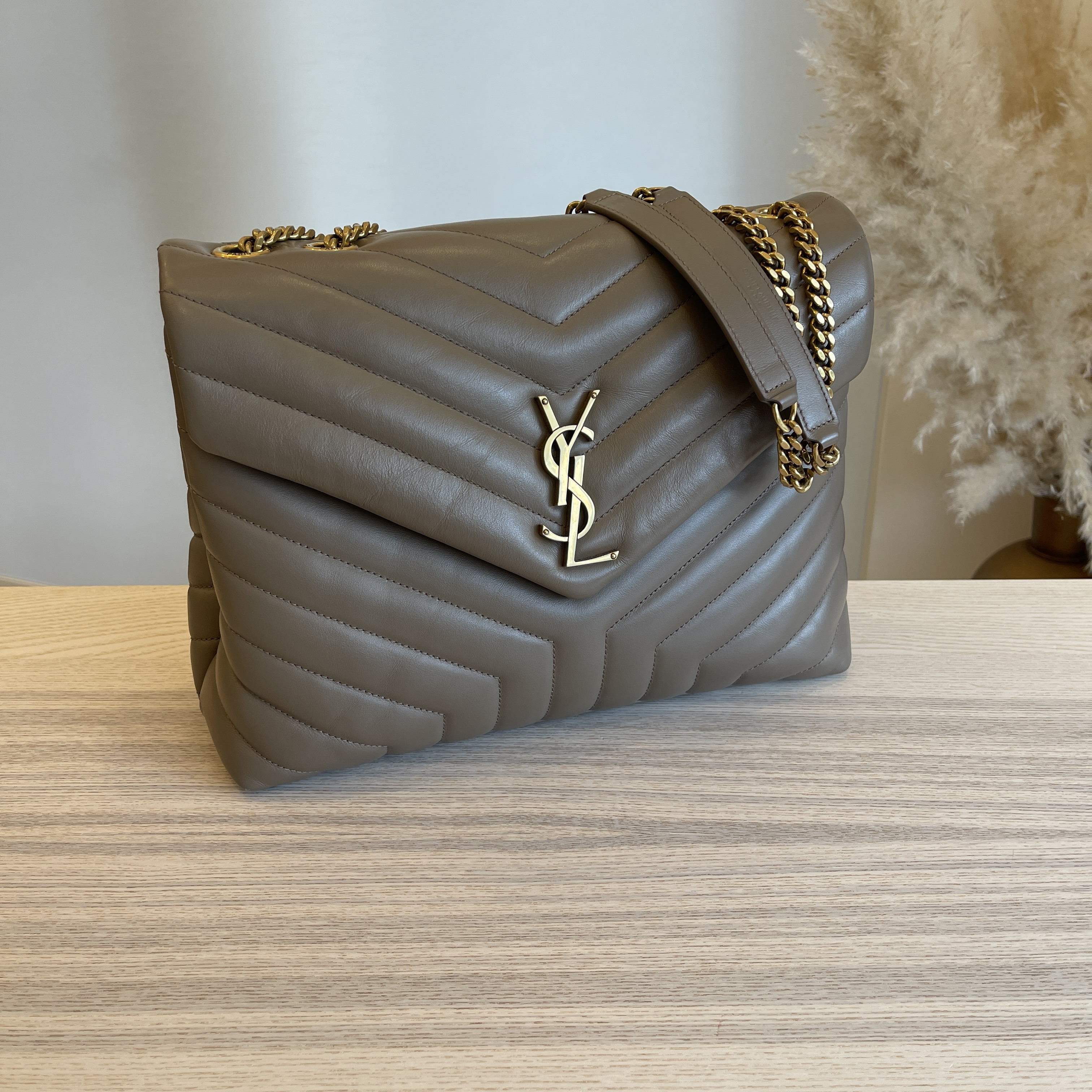Saint Laurent Grey Y Quilted Calfskin Monogram Small Loulou Chain