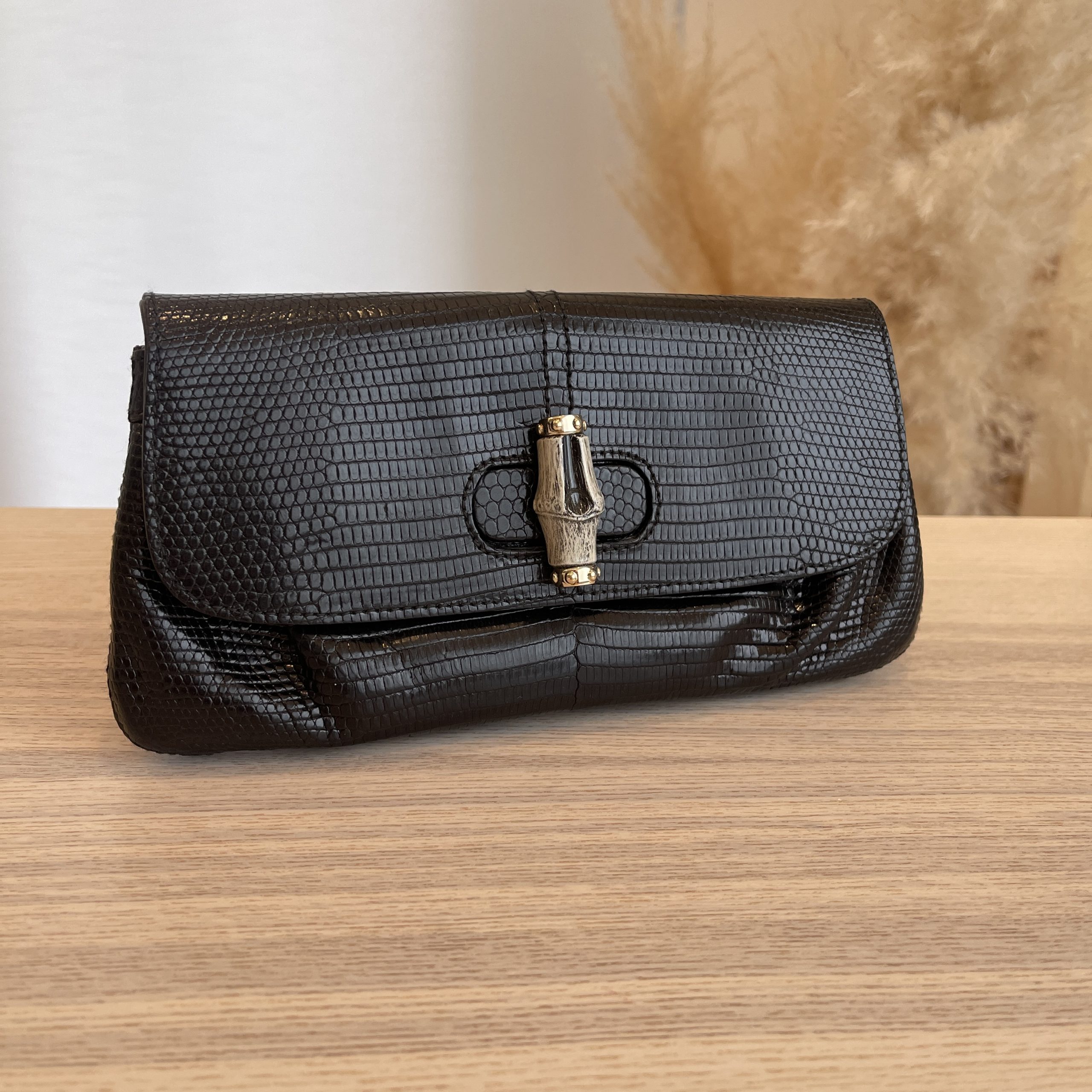 Gucci Python Satin Bamboo Clutch Black