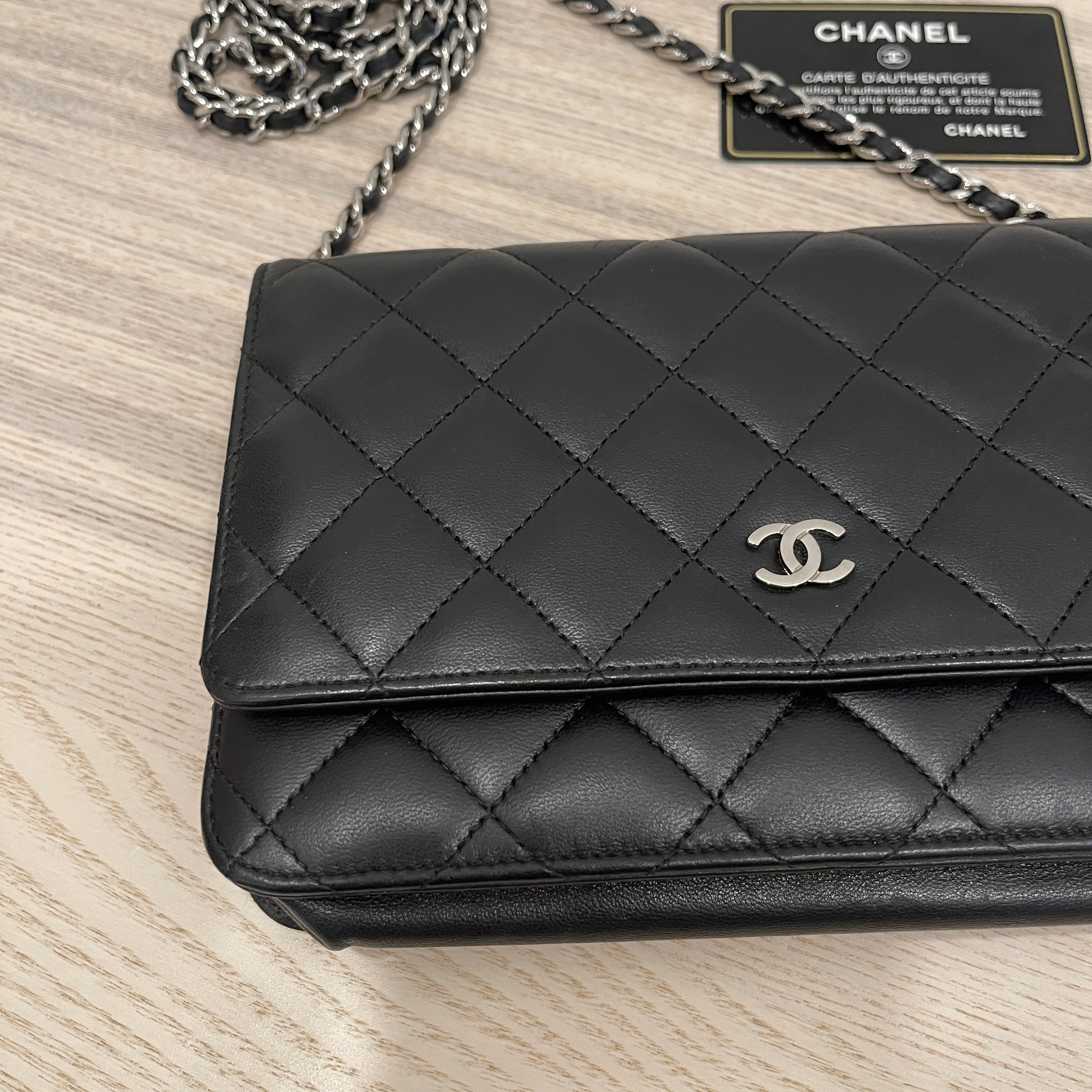 CHANEL Lambskin Quilted Book Wallet On Chain WOC Black 1212879