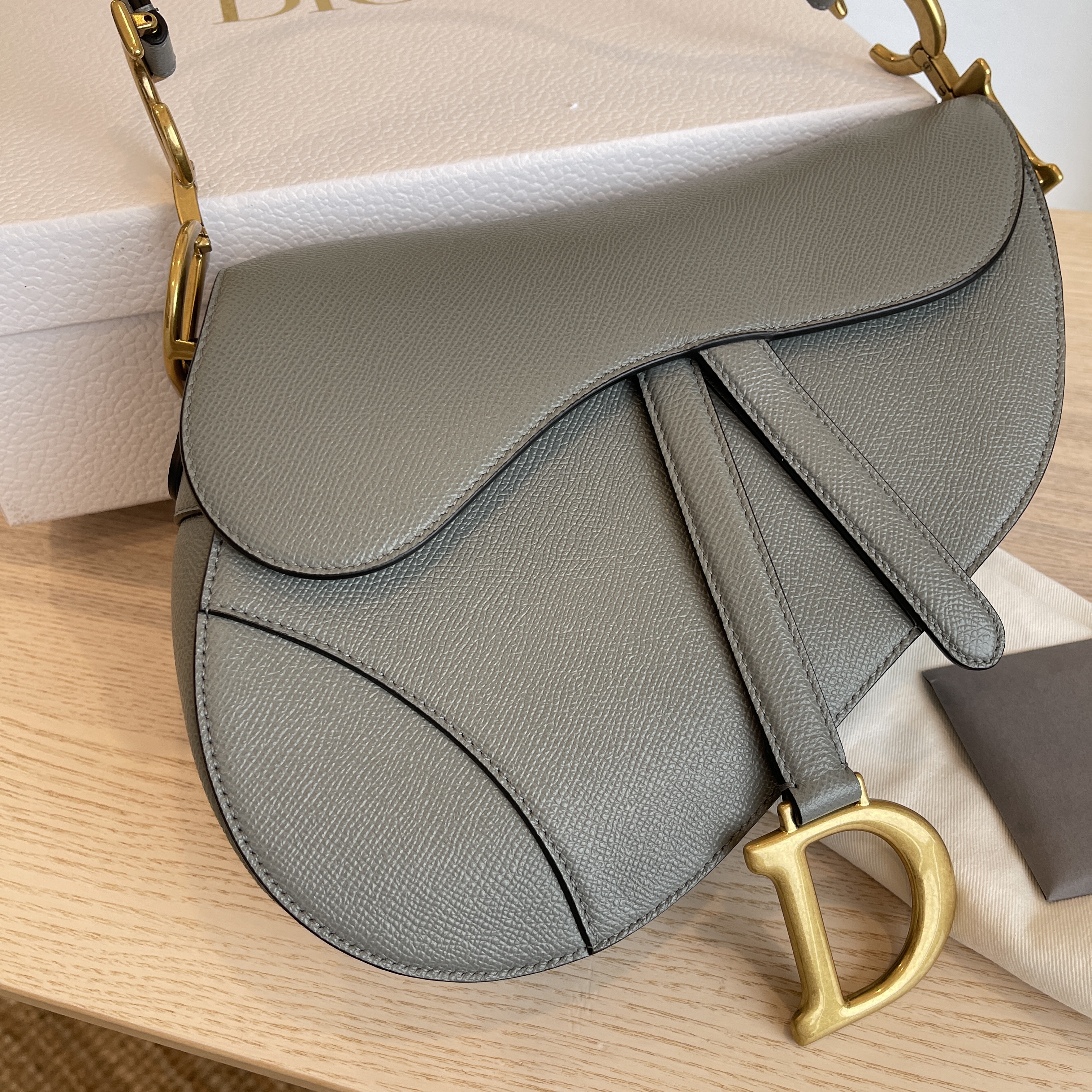 CHRISTIAN DIOR Grained Calfskin Saddle Bag Grey Stone 1205156