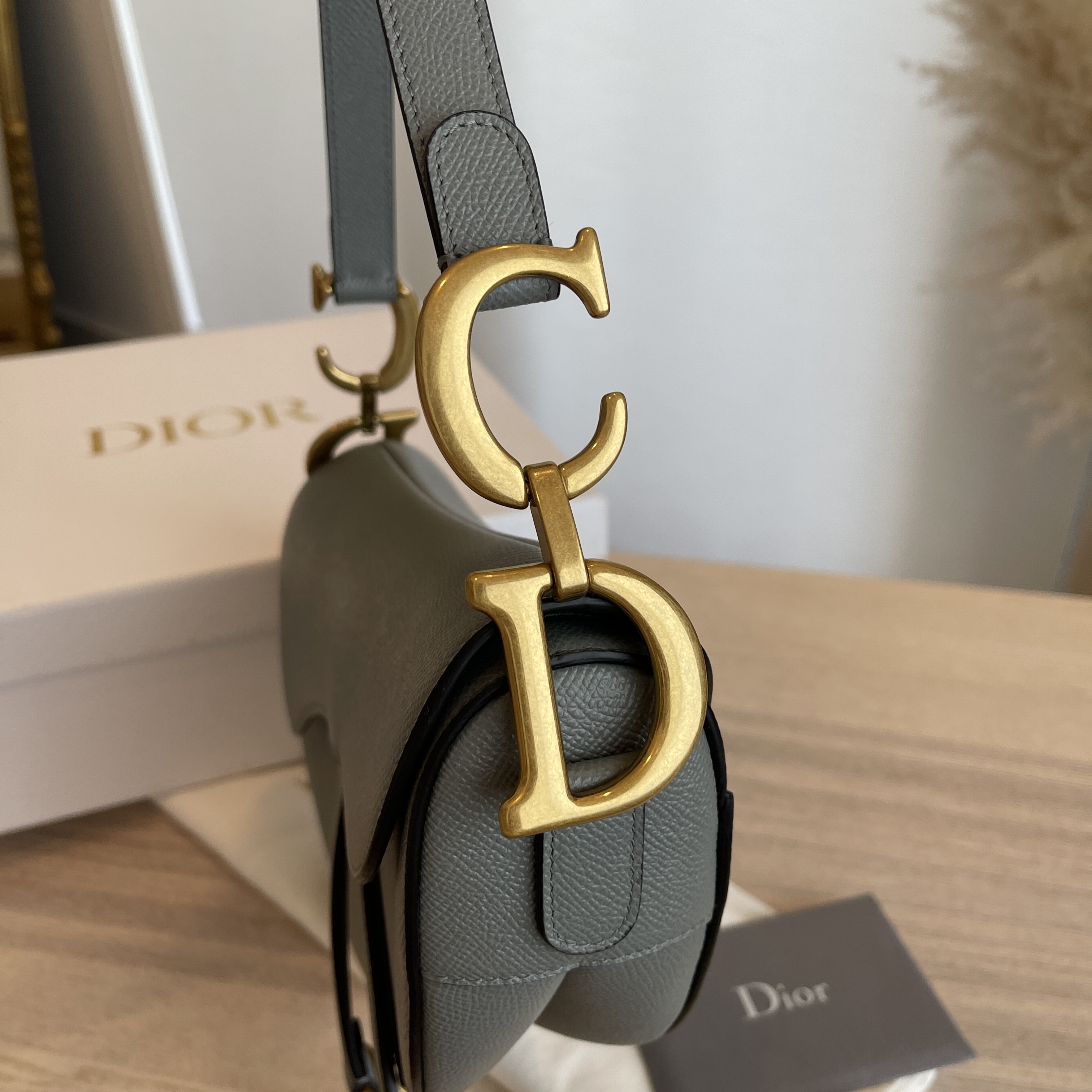 CHRISTIAN DIOR Grained Calfskin Saddle Bag Grey Stone 1205156