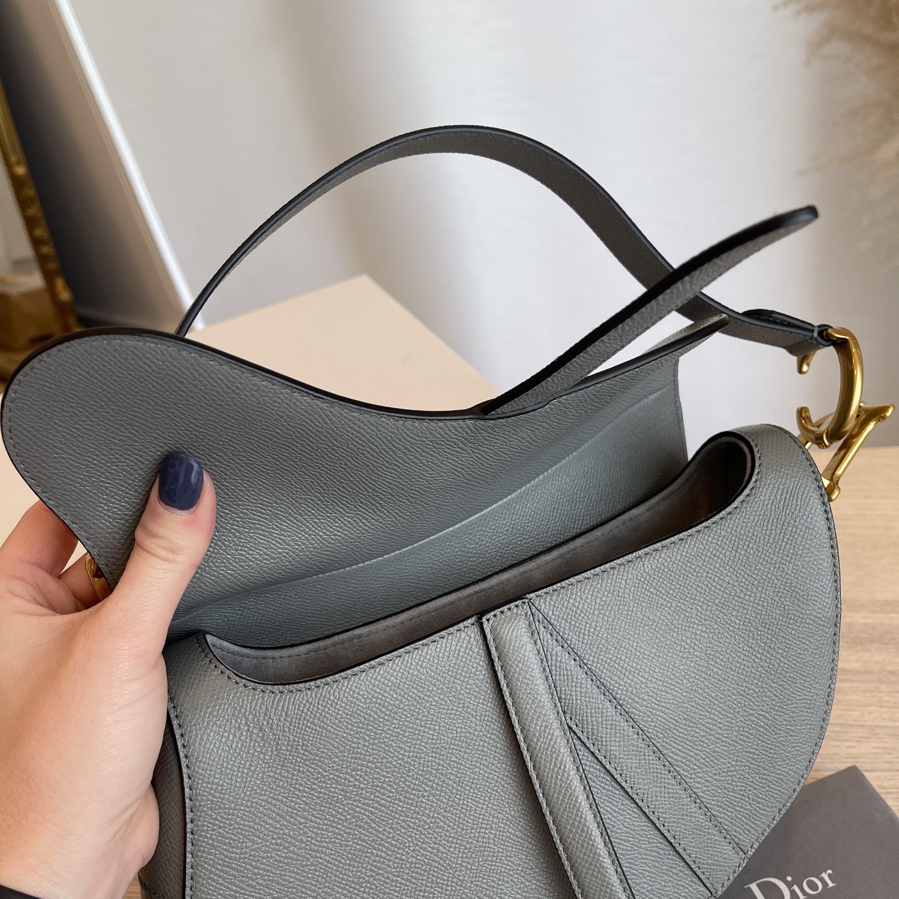 Christian Dior Grained Calfskin Saddle Bag Grey