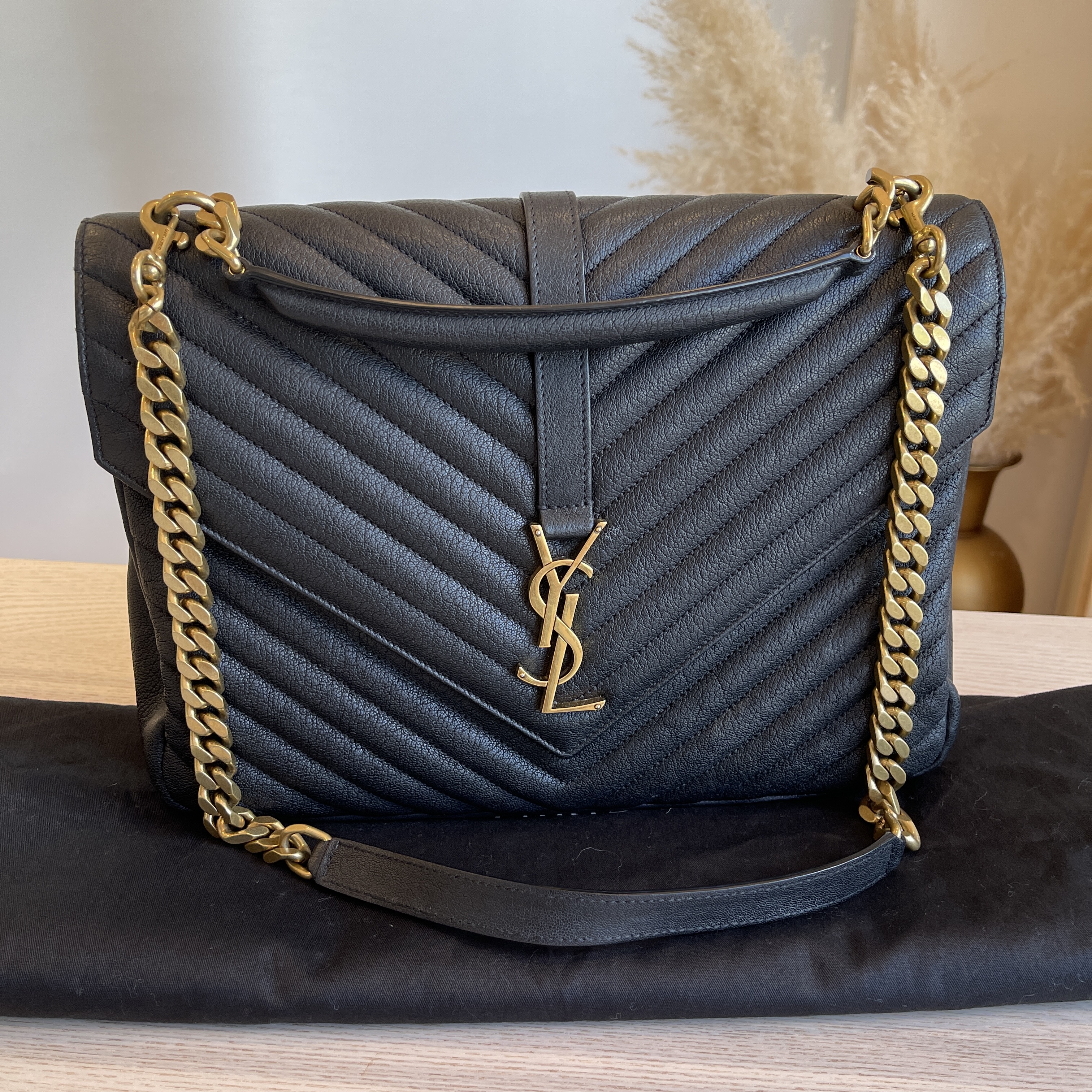 Saint Laurent Calfskin Matelasse Chevron Monogram Large College Satchel Black Gold Hardware