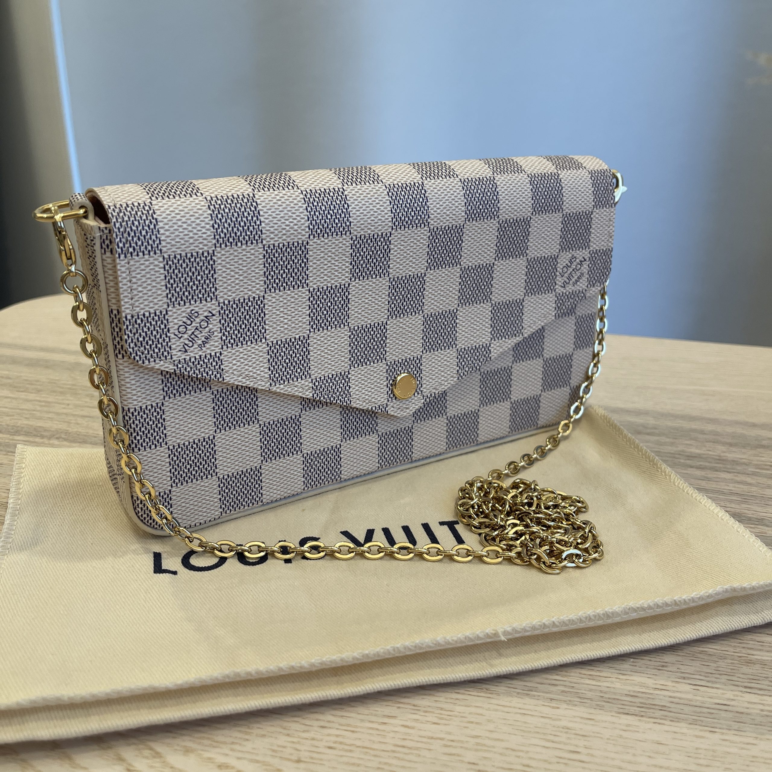 Louis Vuitton Damier Azur Pochette Felicie Chain Wallet Rose Ballerine