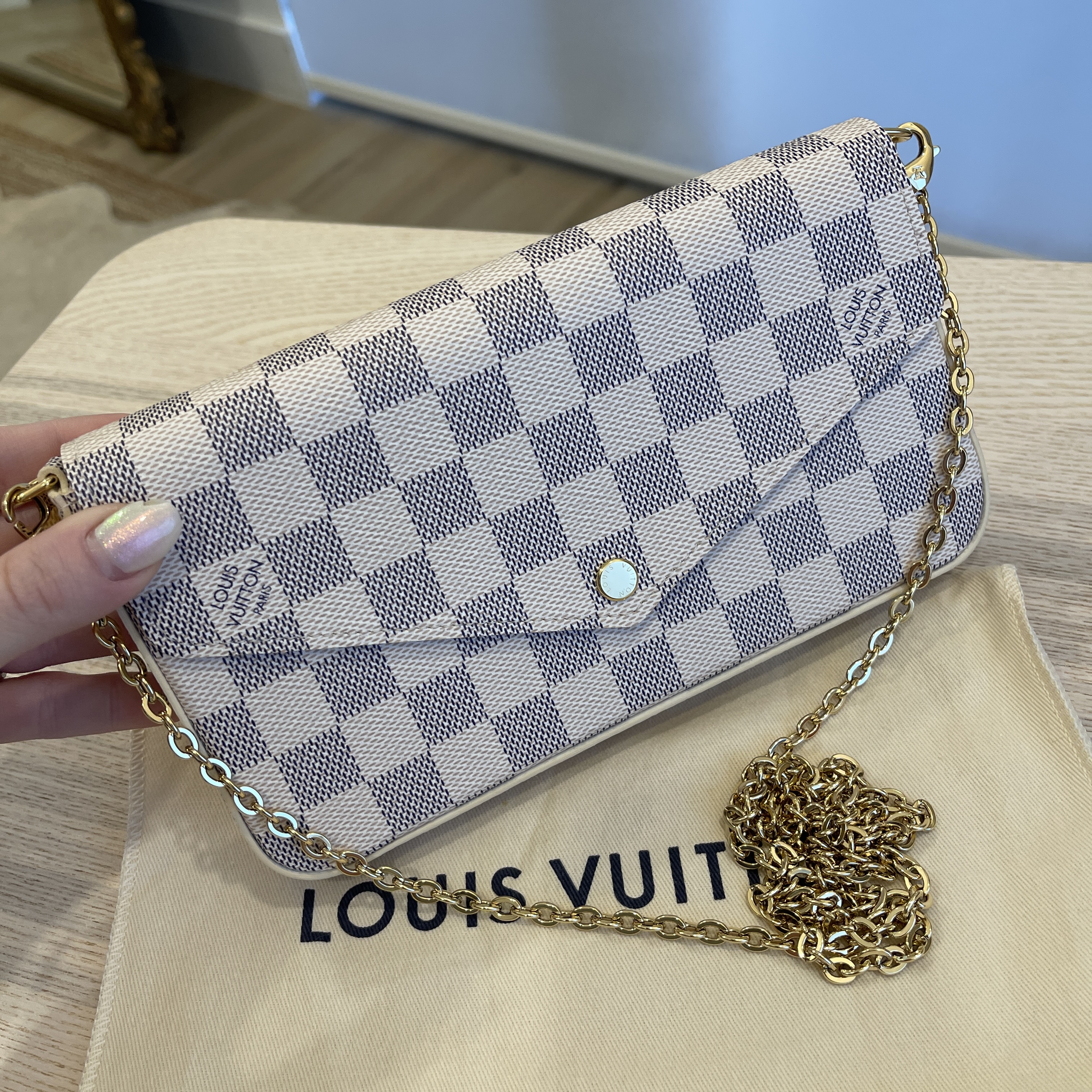 Louis Vuitton Damier Azur Pochette Felicie Chain Wallet Rose Ballerine