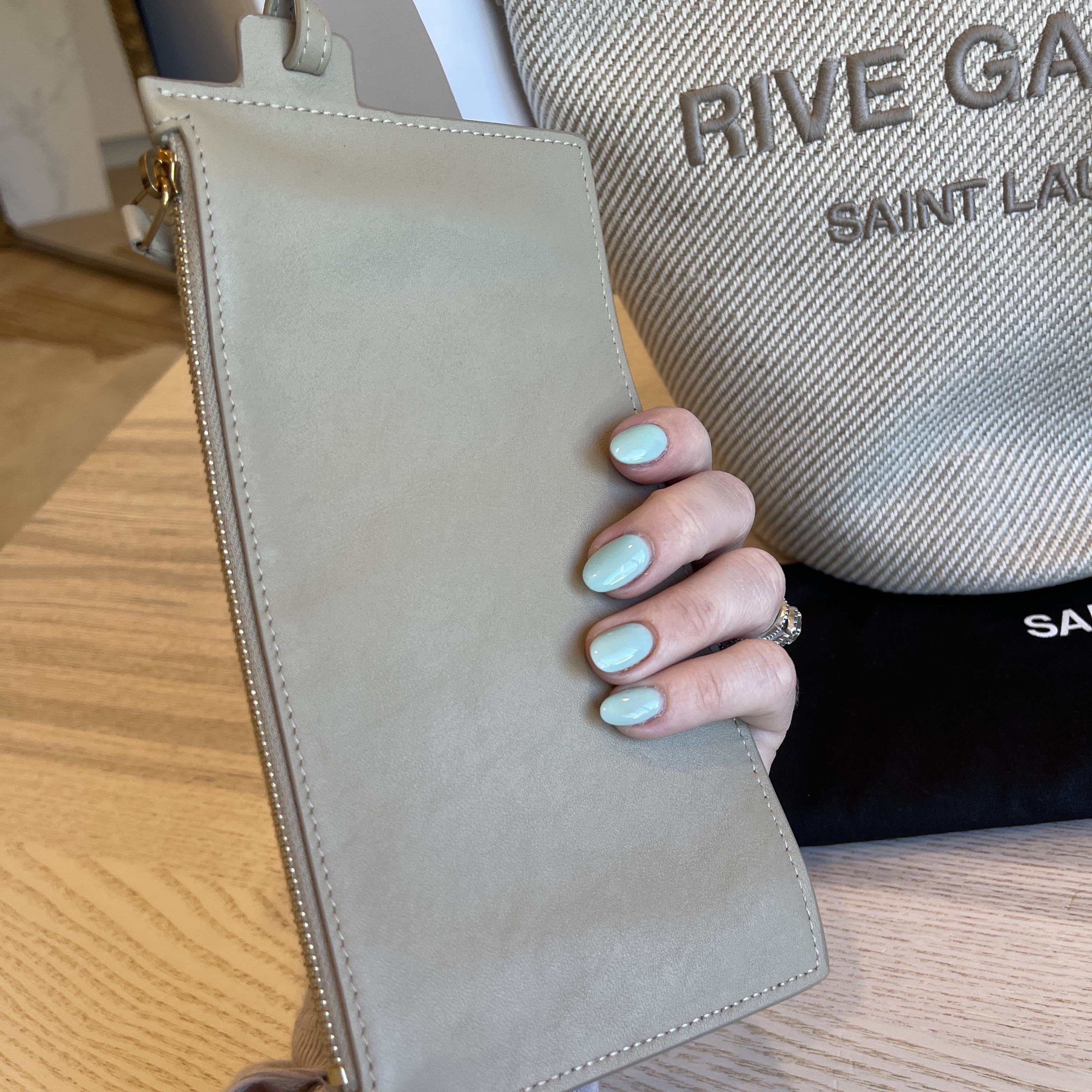 Saint Laurent Linen Calfskin Rive Gauche Bucket Bag Greggio Natural
