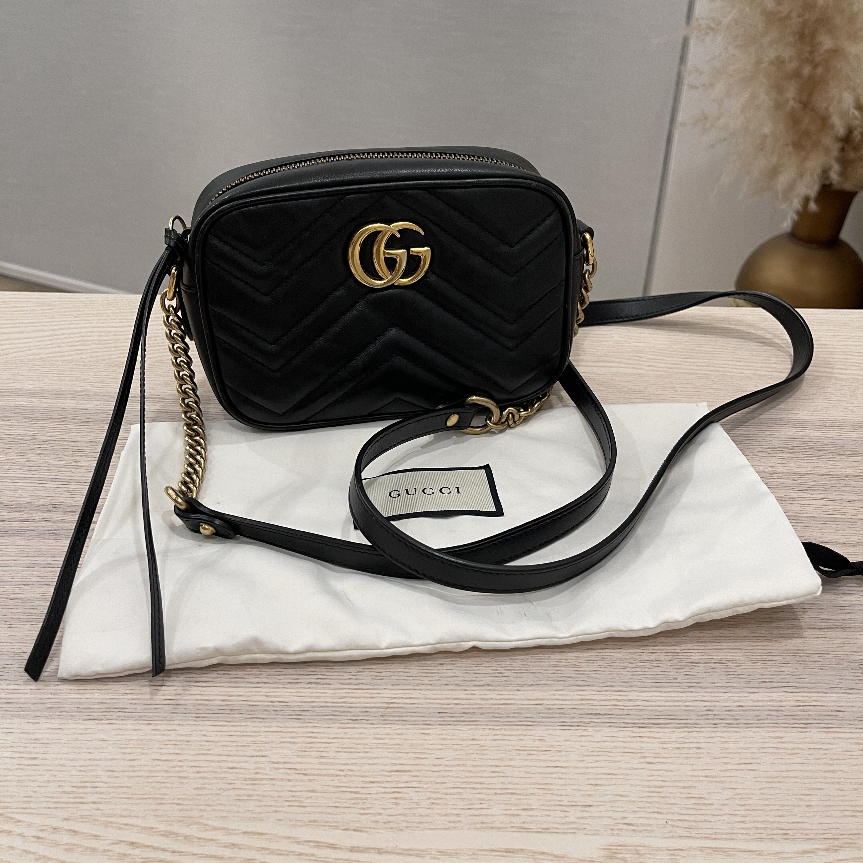 GUCCI Calfskin Matelasse Mini GG Marmont Chain Shoulder Bag Black