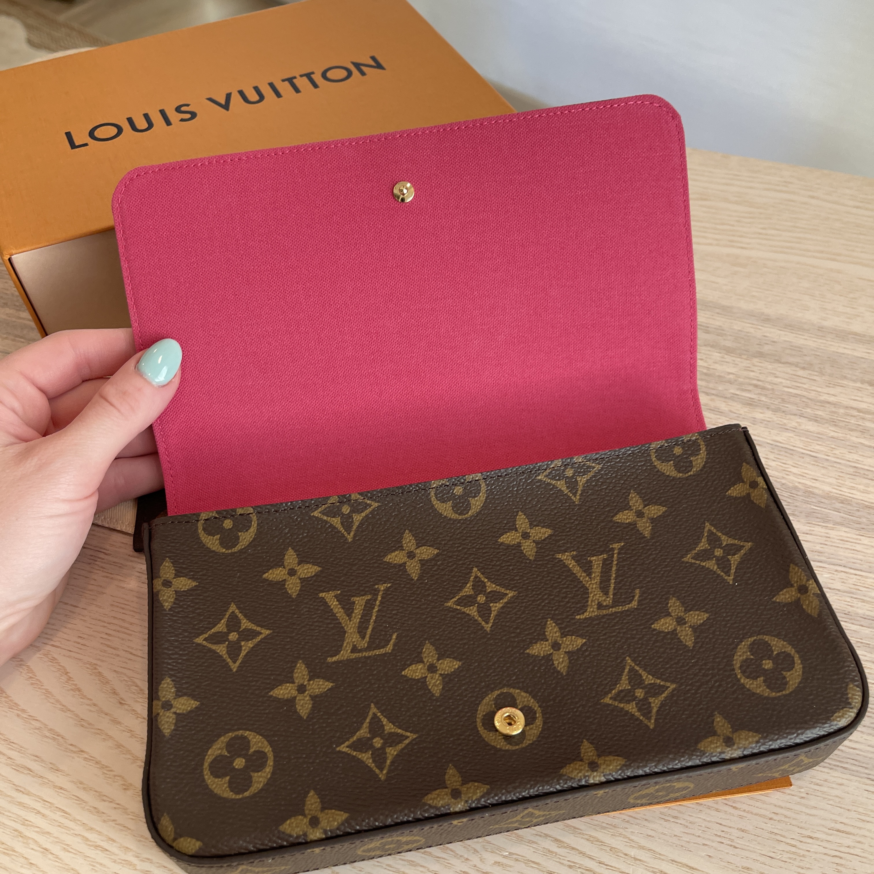 Louis Vuitton Mono Emilie Flower Charm Long Wallet Purse On Chain W/ Box