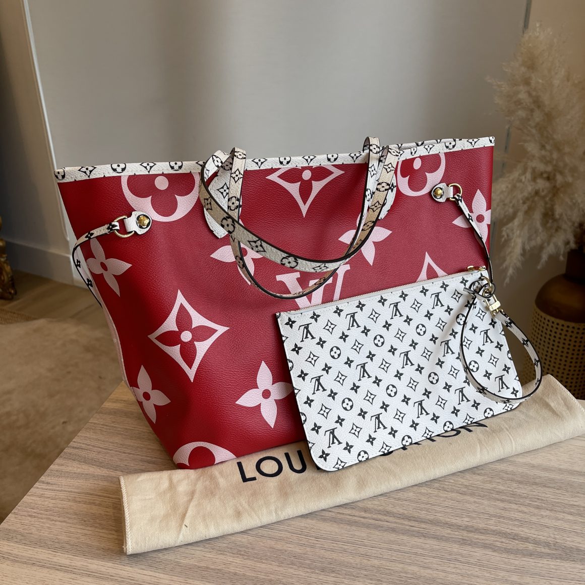 Louis Vuitton, Bags, Louis Vuitton Clafoutis Neverfull Mm Tote Monogram  Giant Cream Rouge Pouch