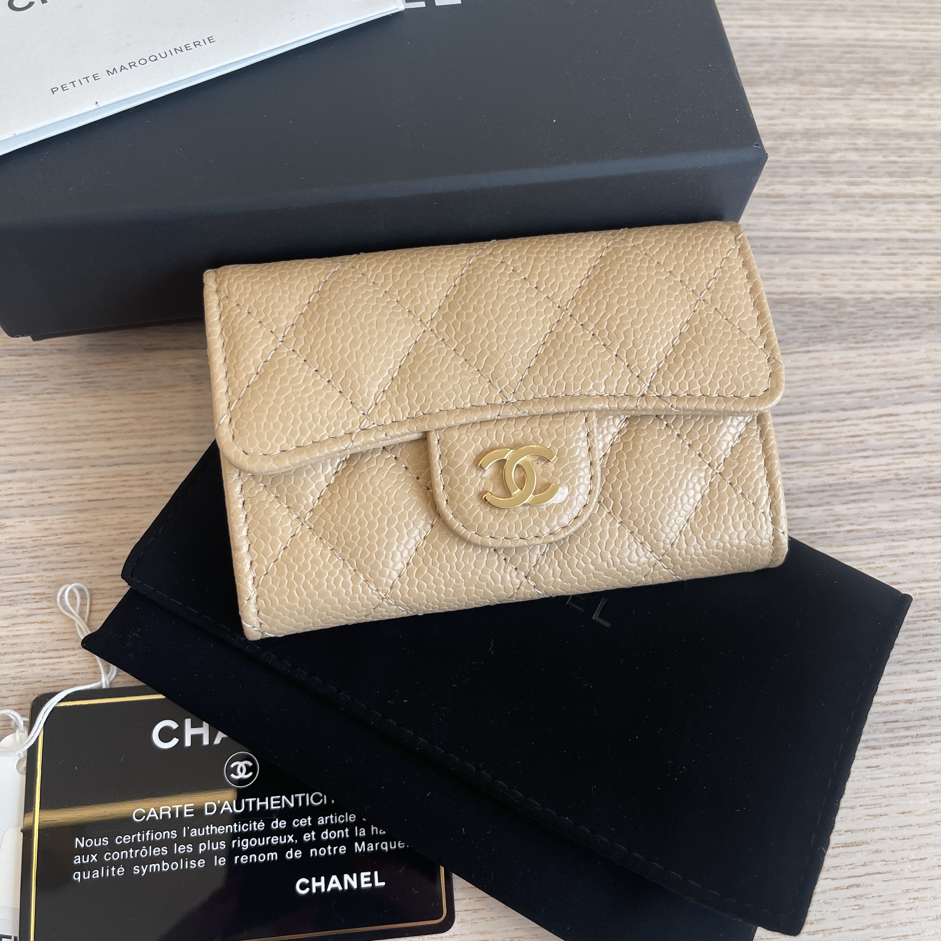 Chanel Caviar Flat Pouch Wallet in Beige