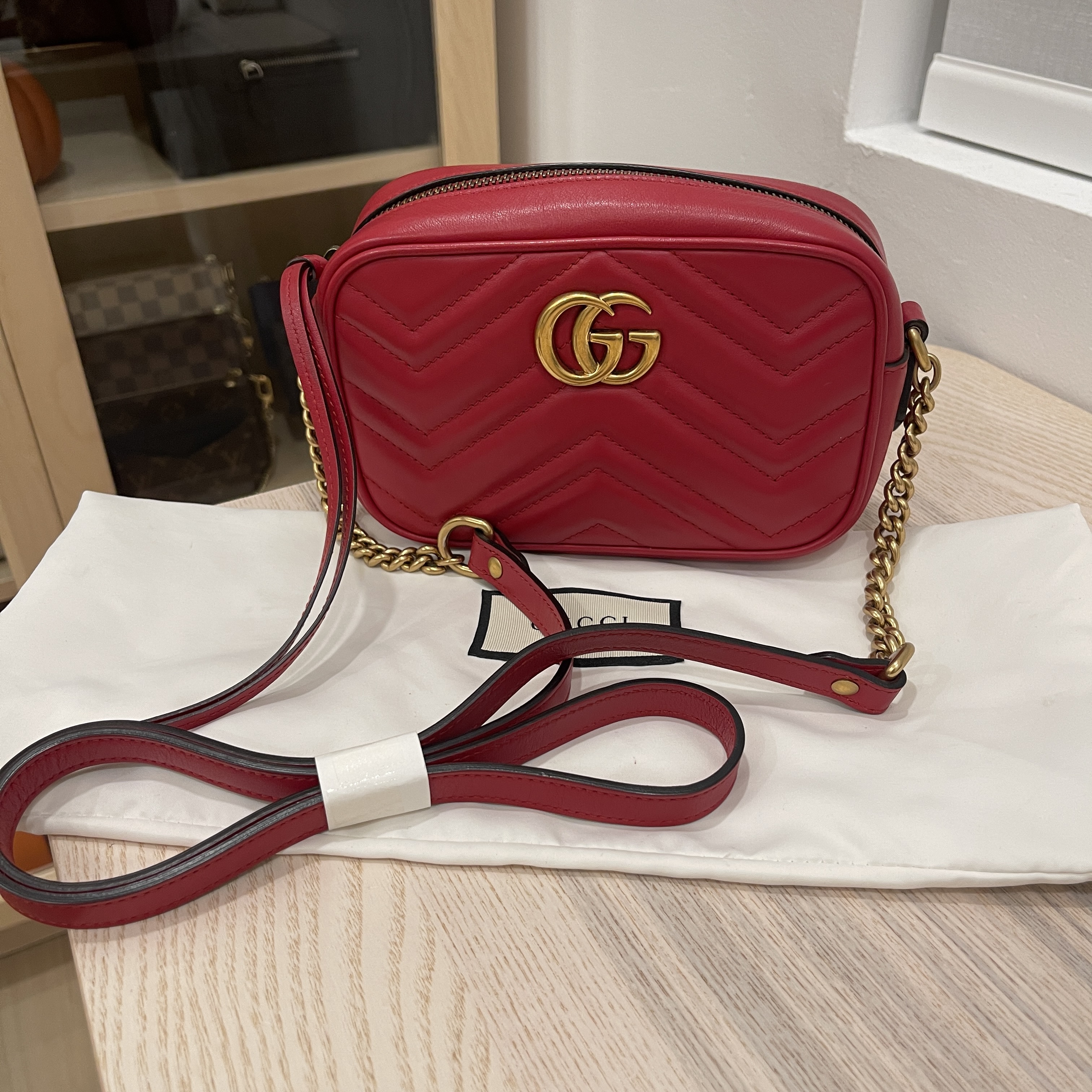 Gucci Red Matelassé Leather Small GG Marmont Camera Bag Gucci
