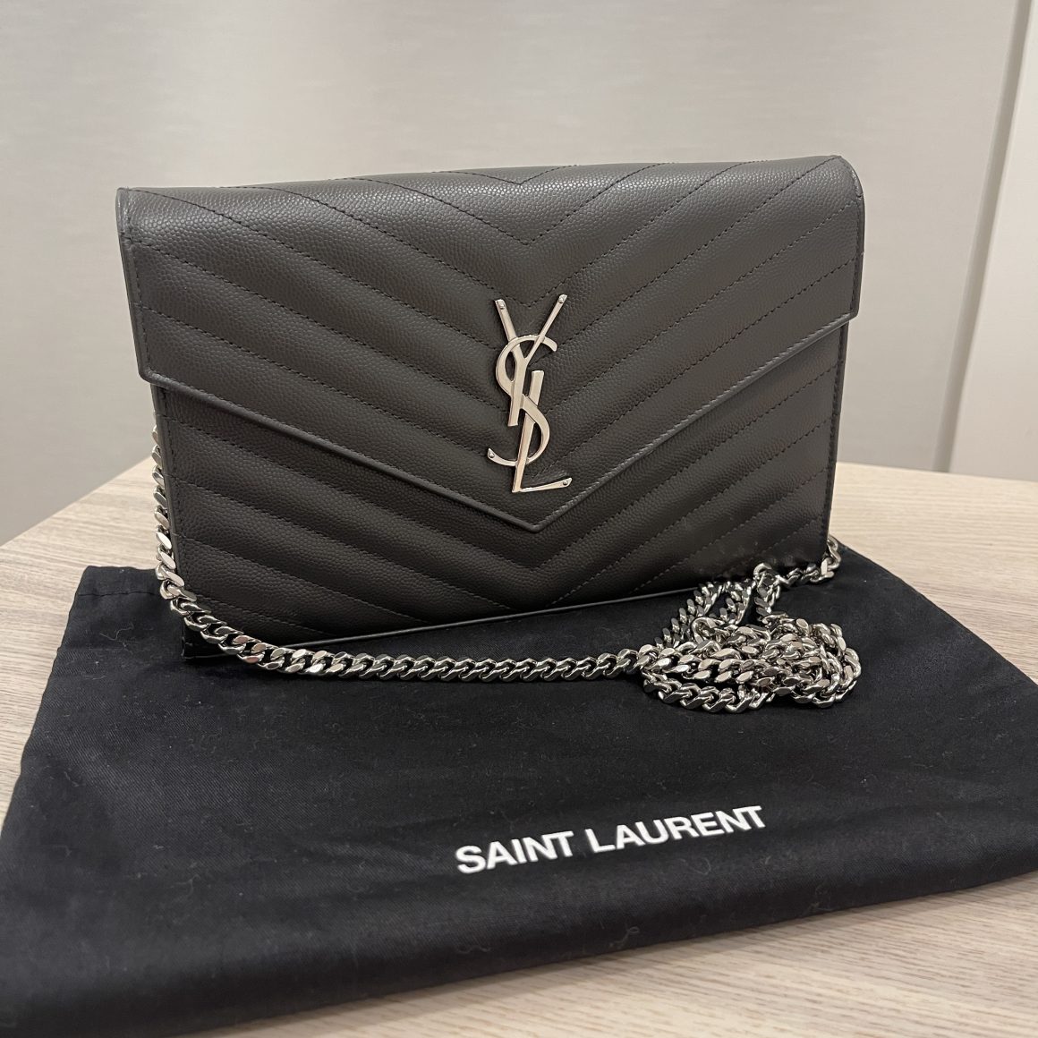 Saint Laurent Envelope Quilted Leather Chain Wallet Black Silver Hardware