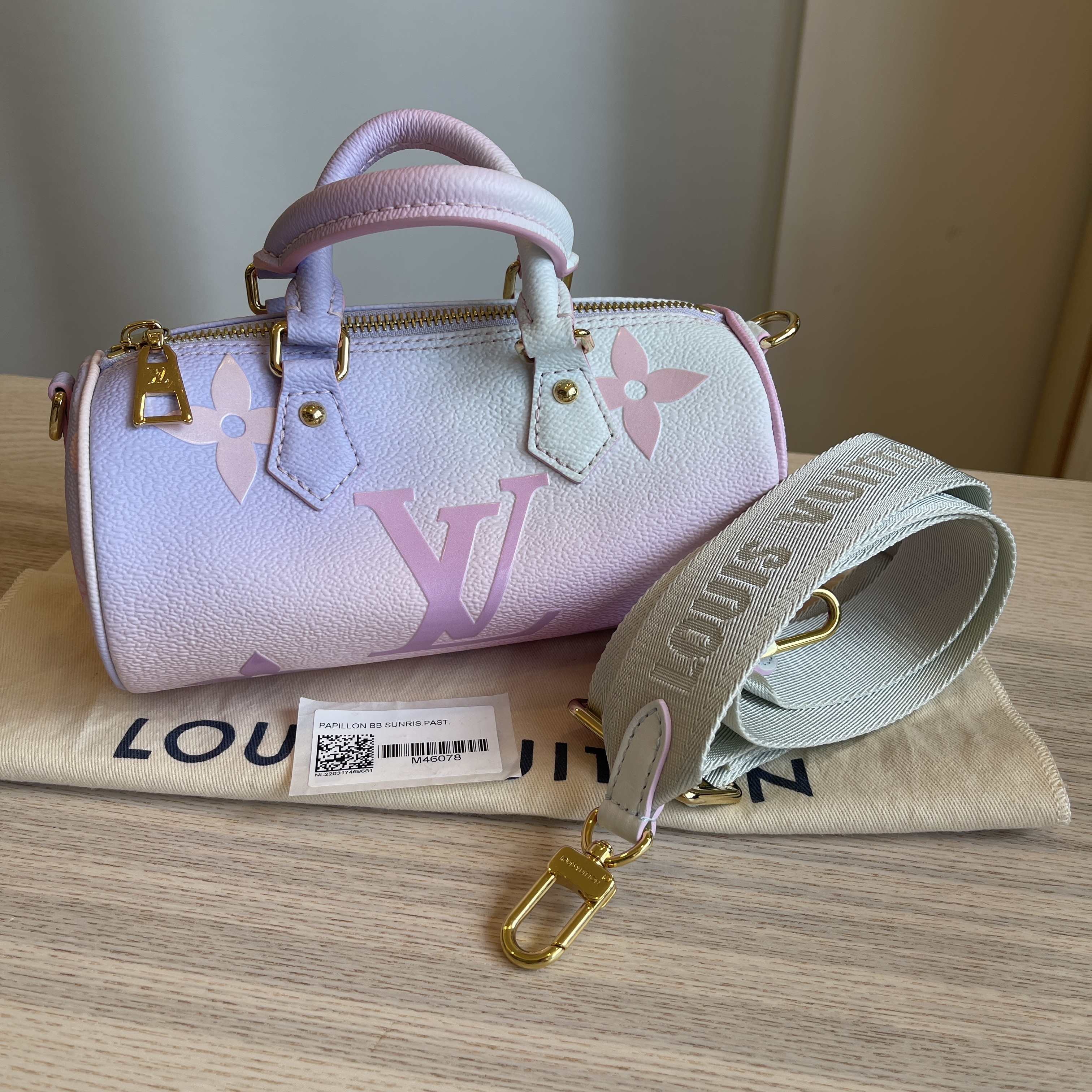 Louis Vuitton Sunrise Pastel Monogram Coated Canvas Papillon BB Gold Hardware 2022 (Like New), Blue/Pink Womens Handbag
