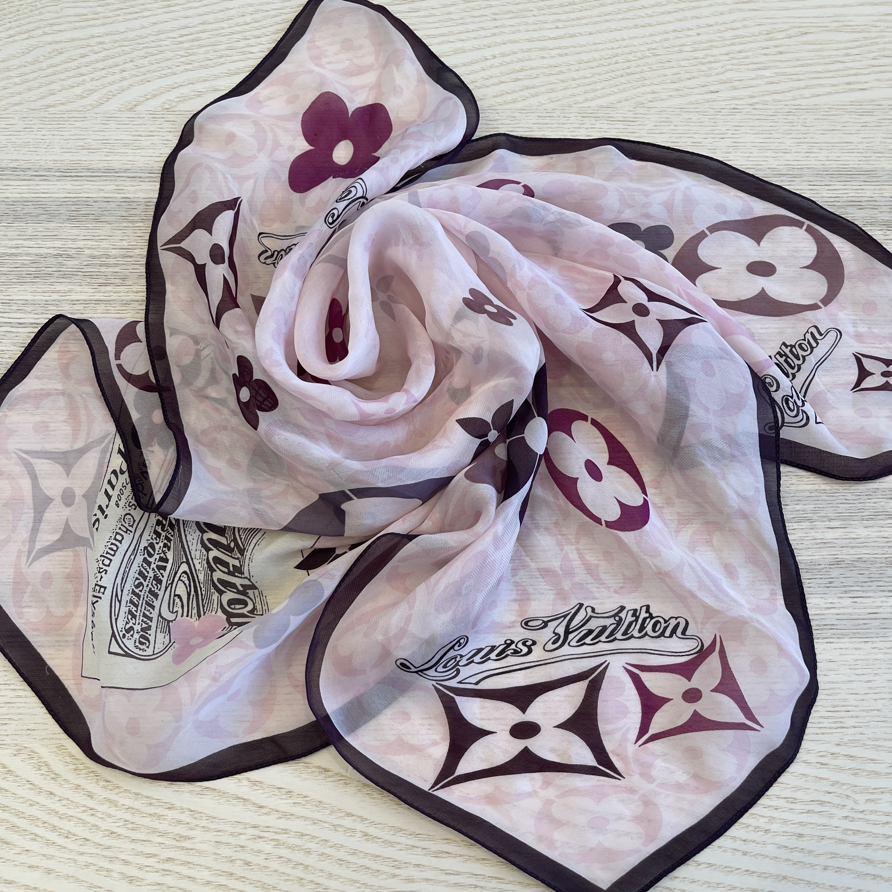 Louis Vuitton Kimi Monogram Logo Silk Square Neck Floral Scarf Pink –