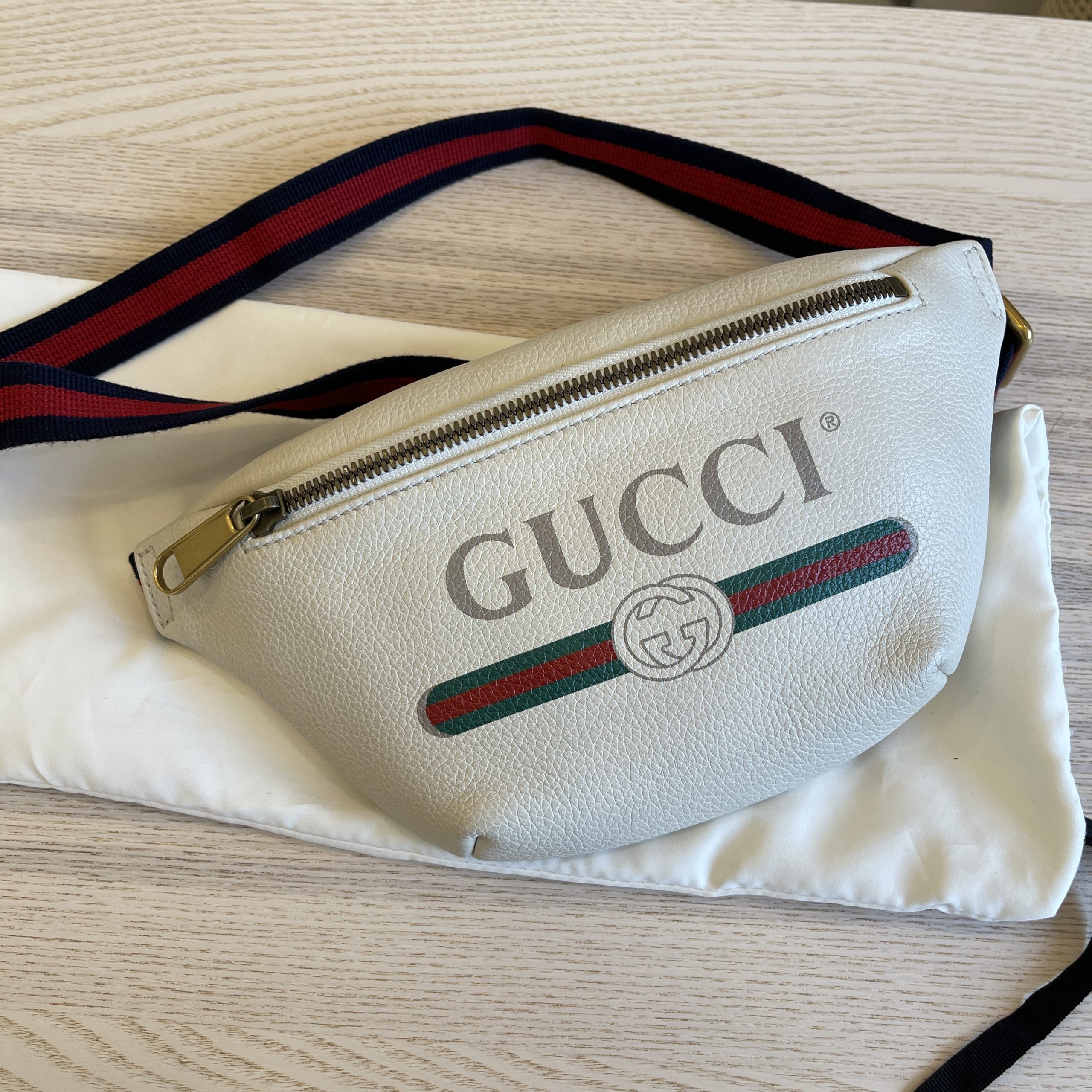 Gucci Grained Calfskin Small Gucci Print Belt Bag White