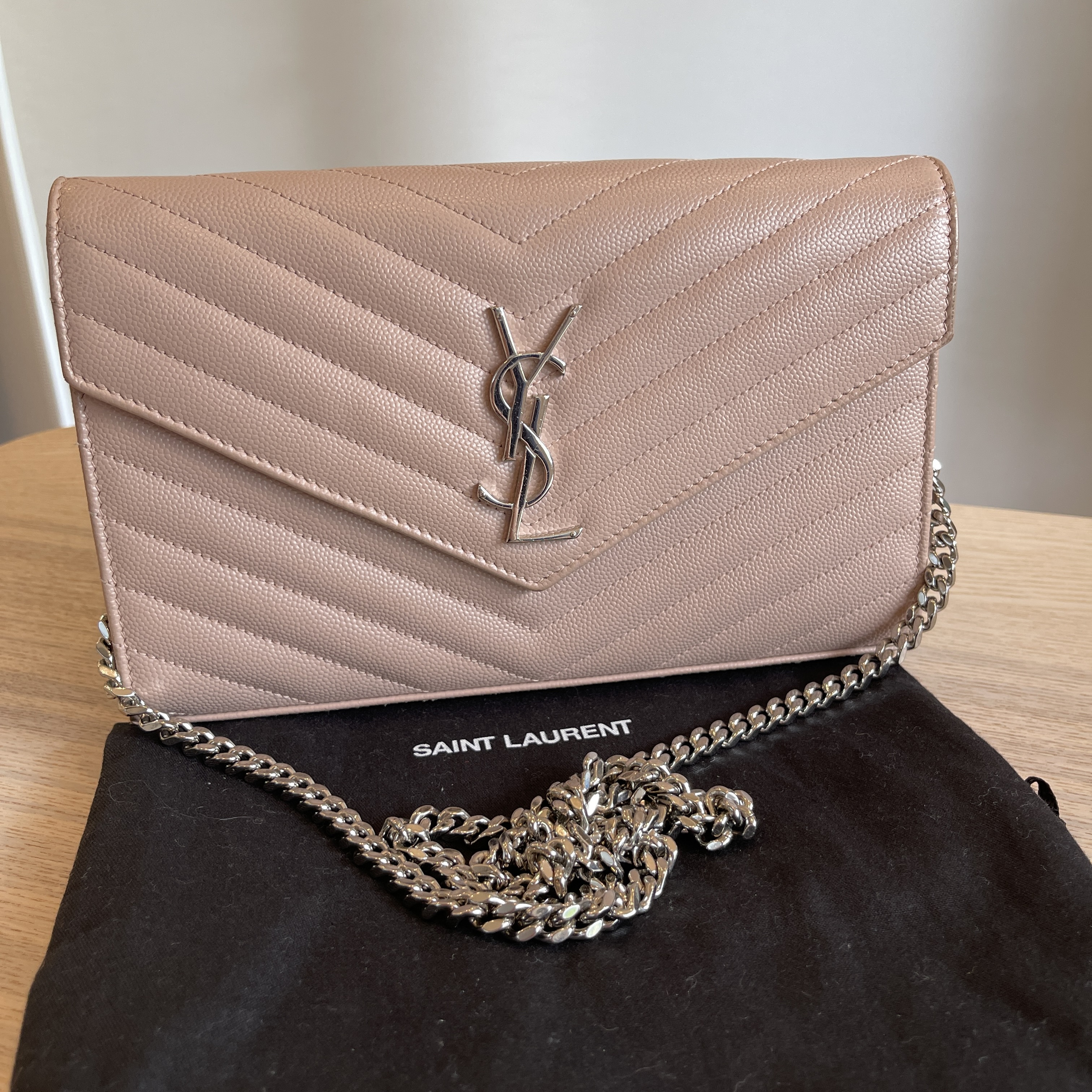 Saint Laurent Envelope Quilted Leather Chain Wallet Pink Gold Hardware