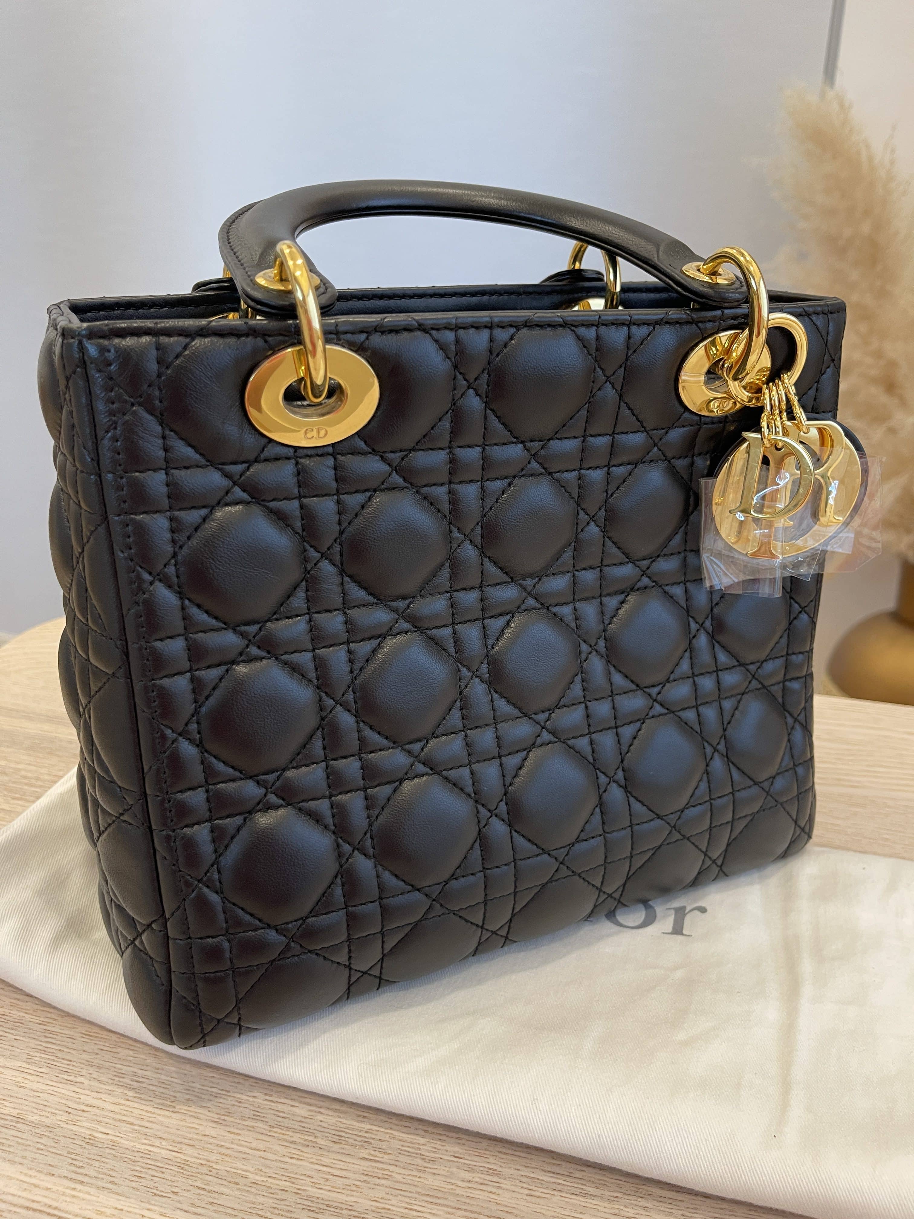 Christian Dior Lambskin Cannage Medium Lady Dior Black Gold Hardware