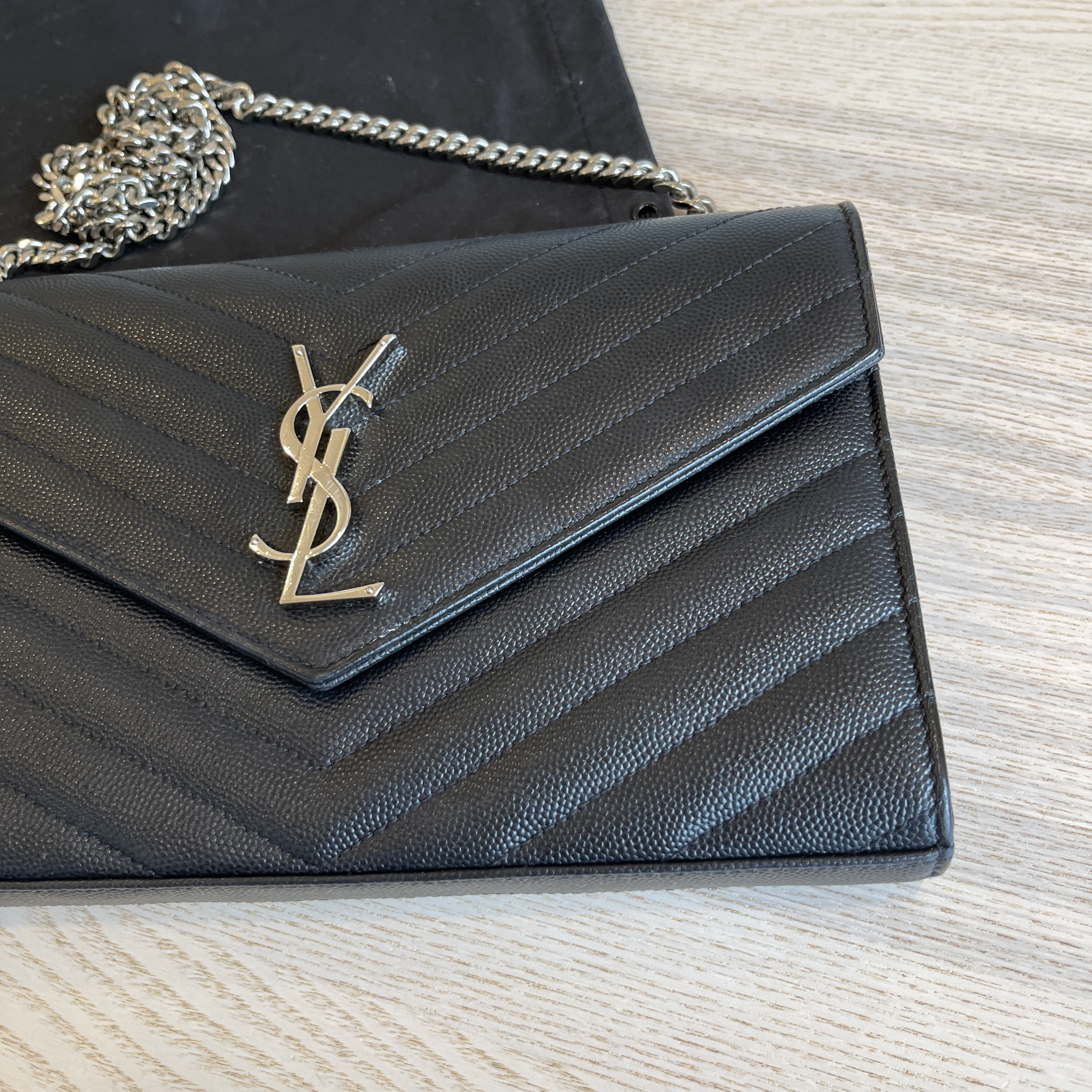 YSL Saint Laurent Wallet on a Chain WOC Crossbody Bag Black Silver Hardware