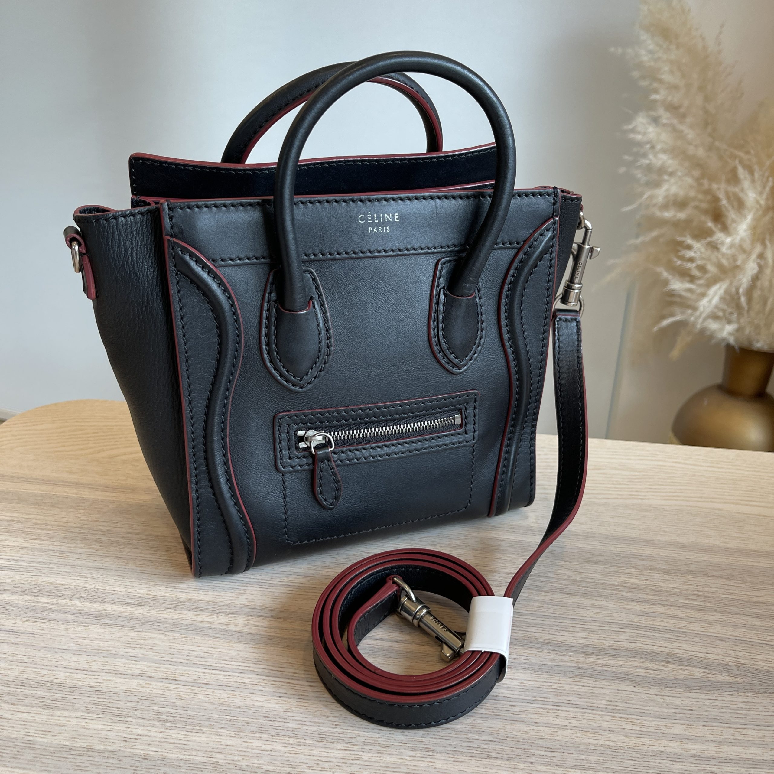 Celine Smooth Calfskin Nano Luggage Black with red Trim