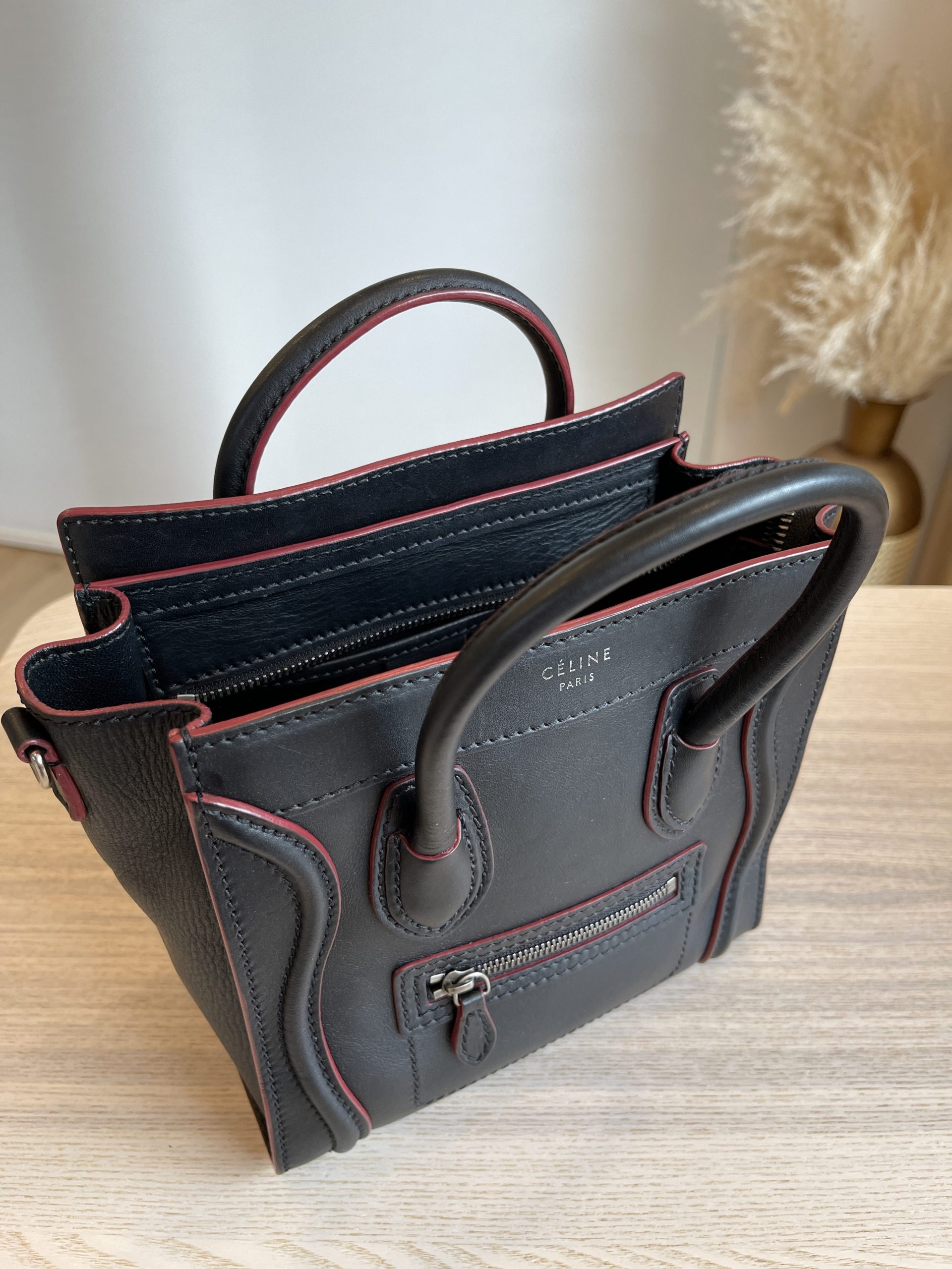 Celine Smooth Calfskin Nano Luggage Black with red Trim