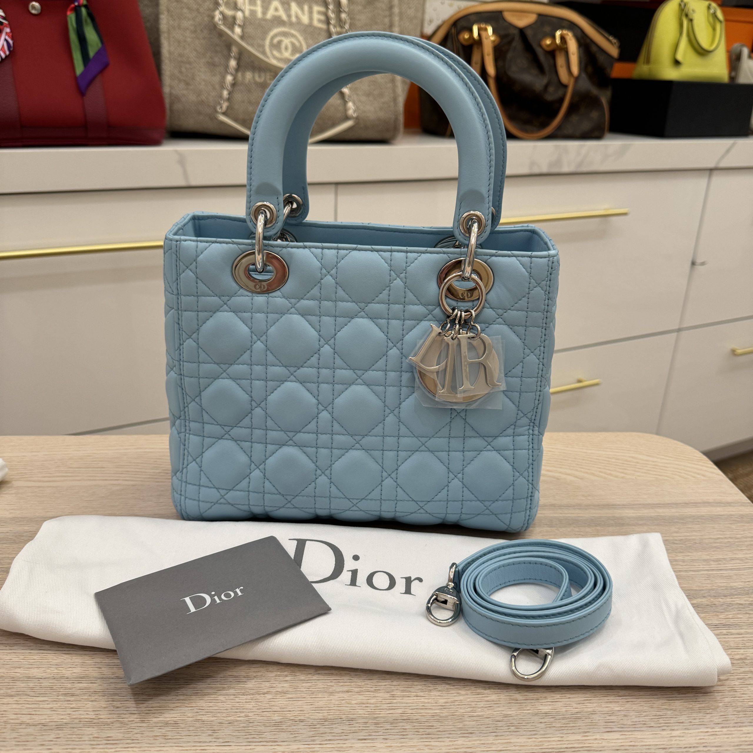 Christian Dior Lambskin Cannage Medium Lady Dior Light Blue Silver Hardware