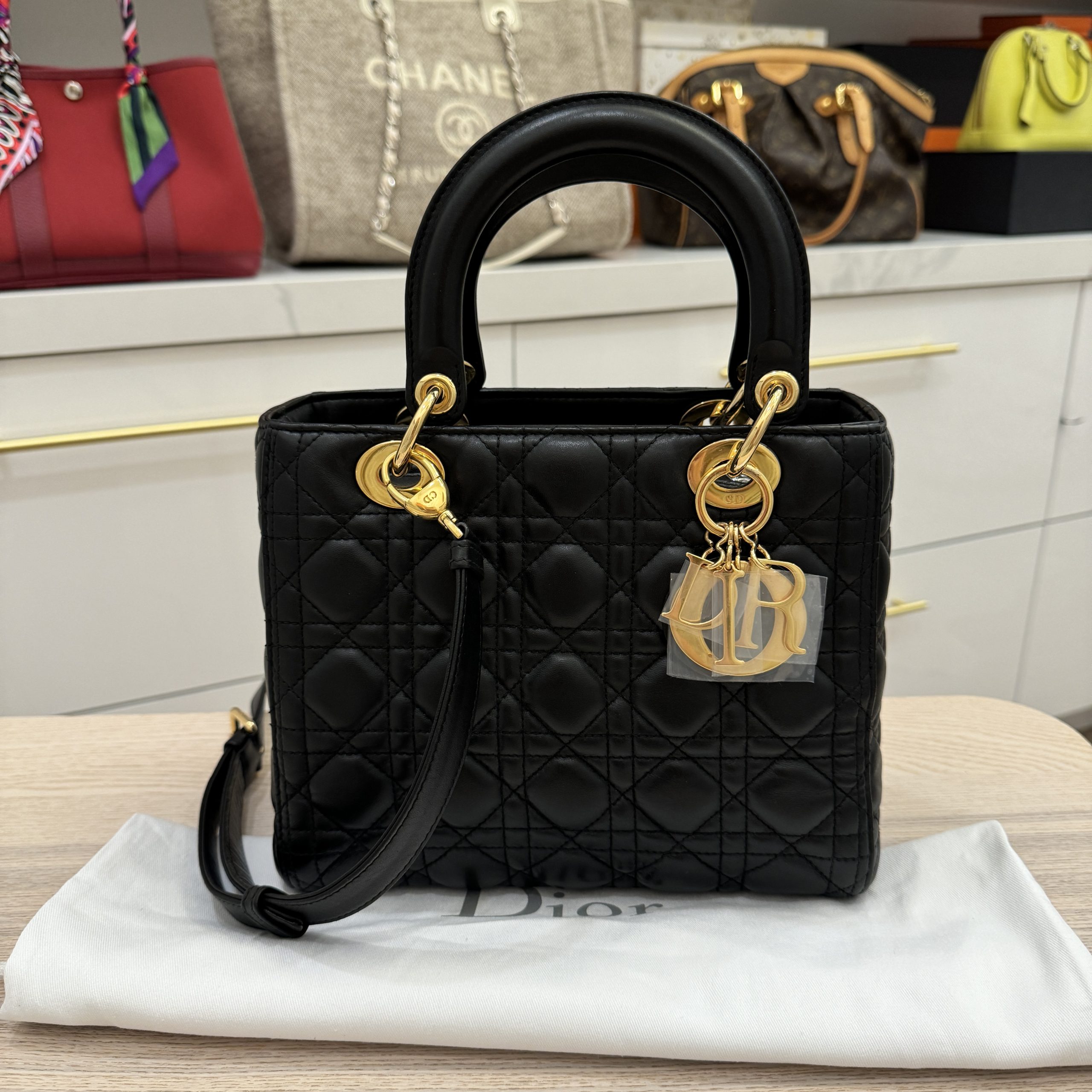 Christian Dior Lambskin Cannage Medium Lady Dior Black Gold Hardware