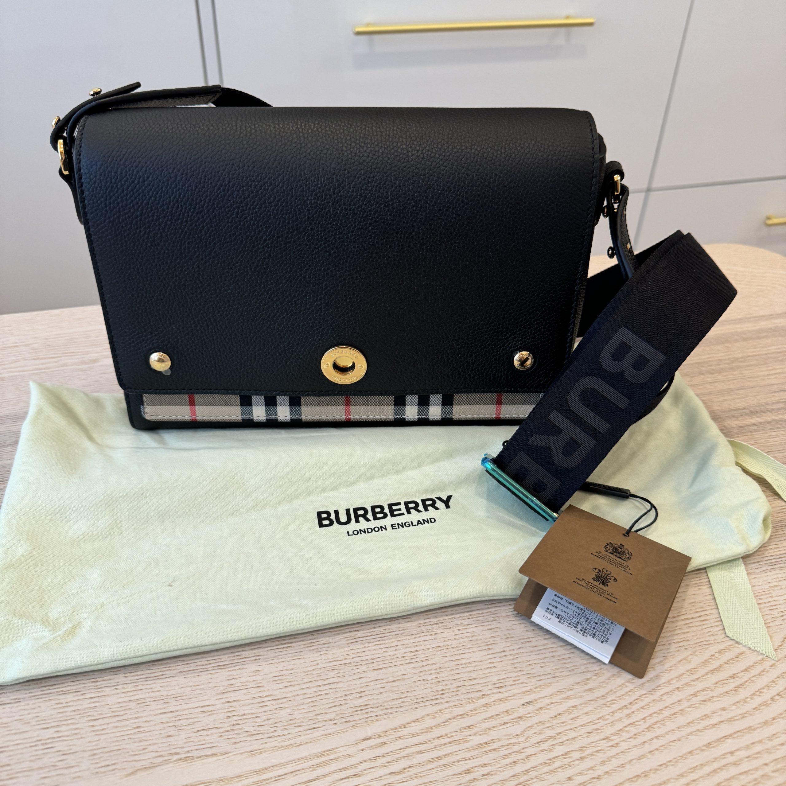 Burberry Medium Note Leather Vintage Check Crossbody Bag Black