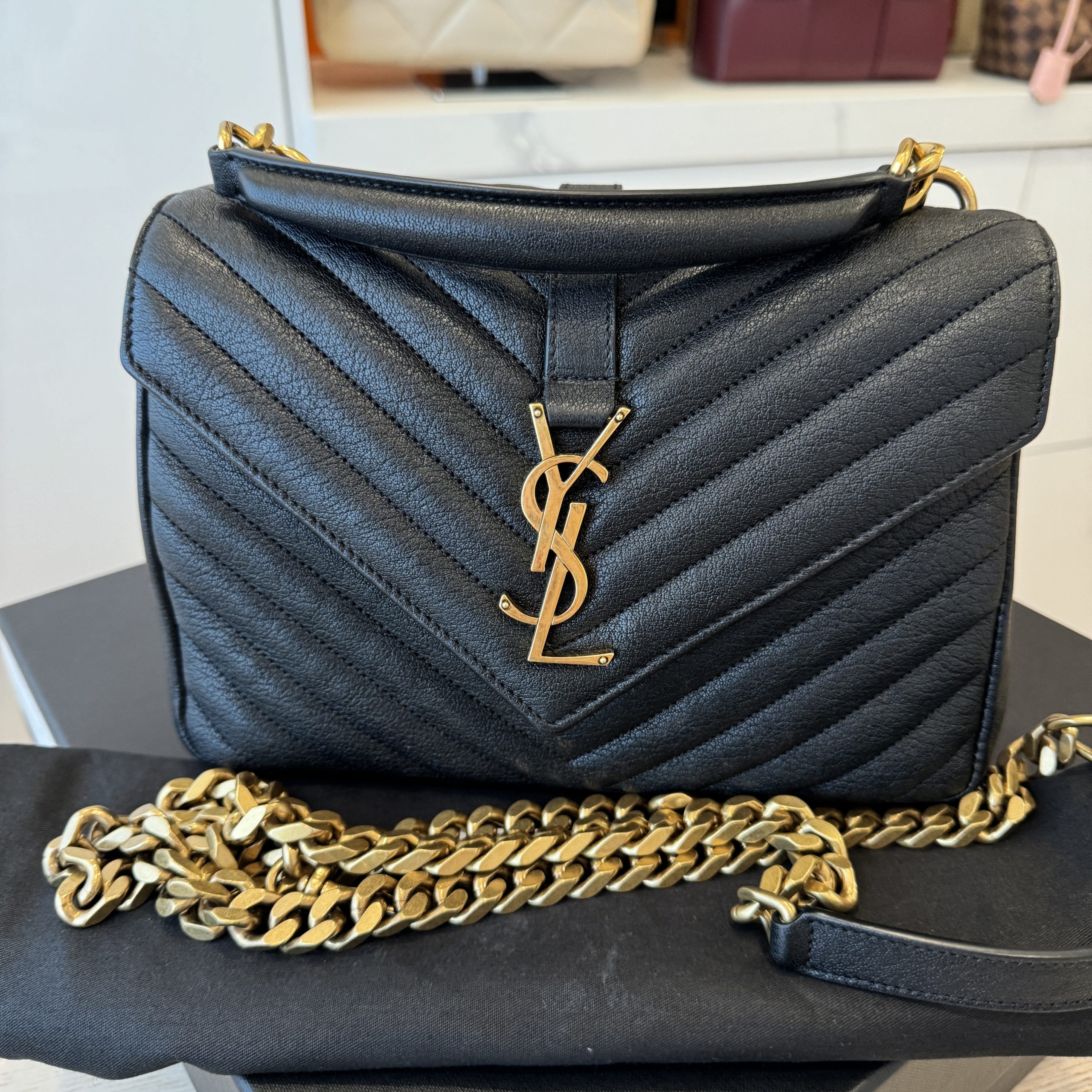 Saint Laurent College Medium YSL Matelasse Lambskin V Flap Crossbody Bag with Golden Hardware