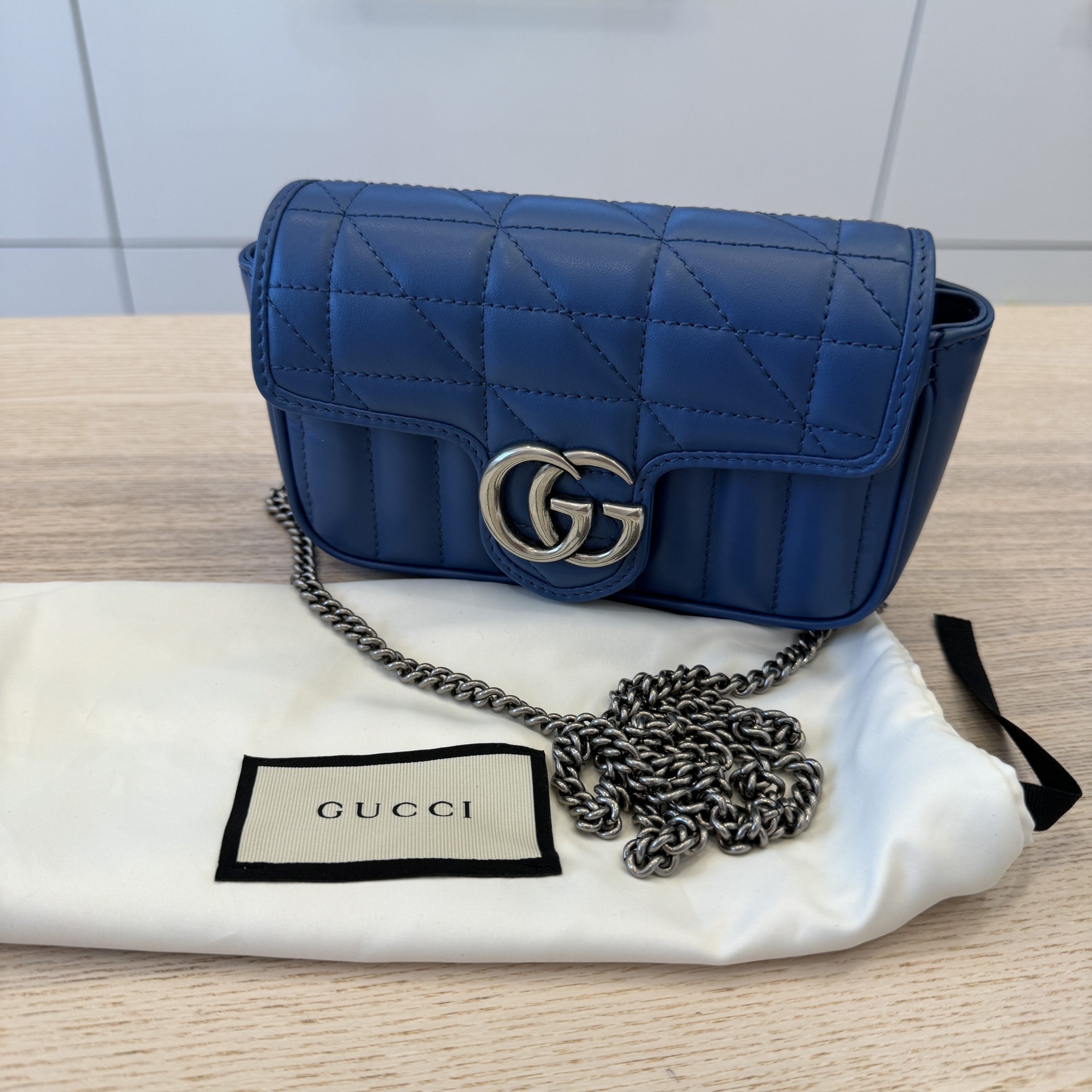 Gucci Calfskin Matelasse Super Mini GG Marmont Blue Silver Hardware