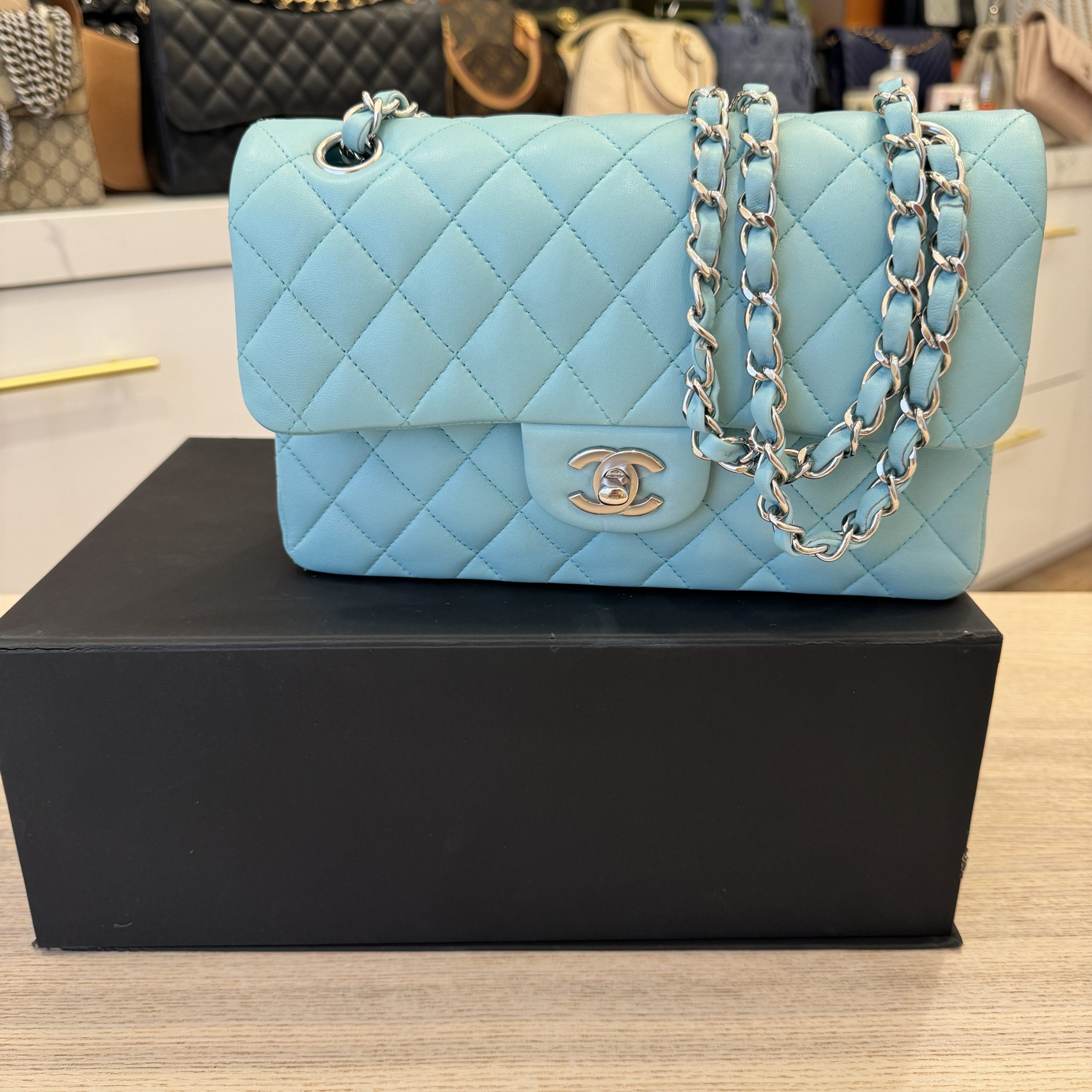 Chanel Lambskin Quilted Small Double Flap Tiffany Blue SHW