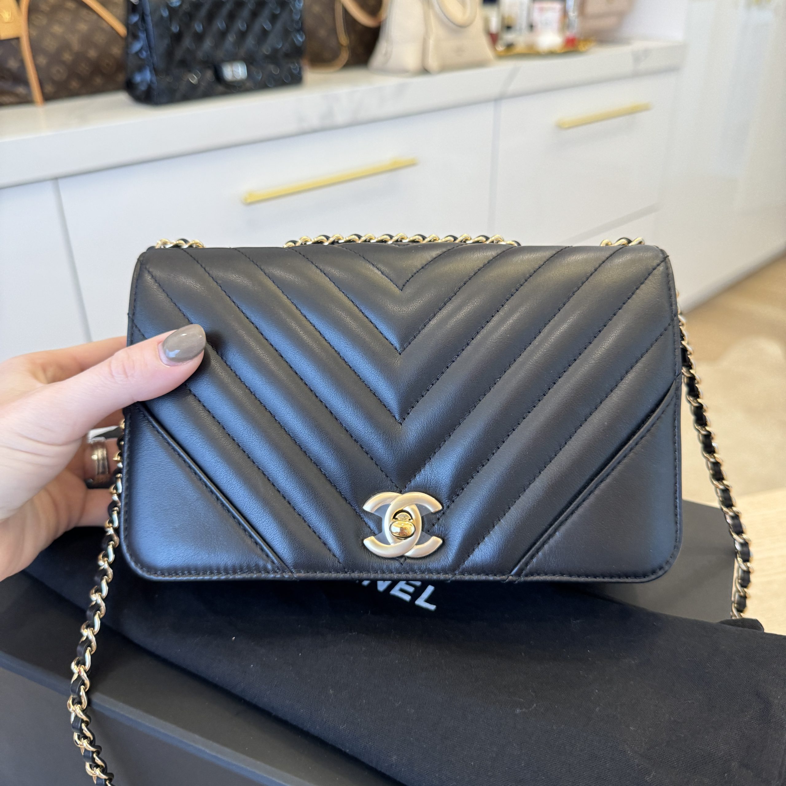 Chanel Statement Flap Bag Chevron Calfskin Mini Black GHW