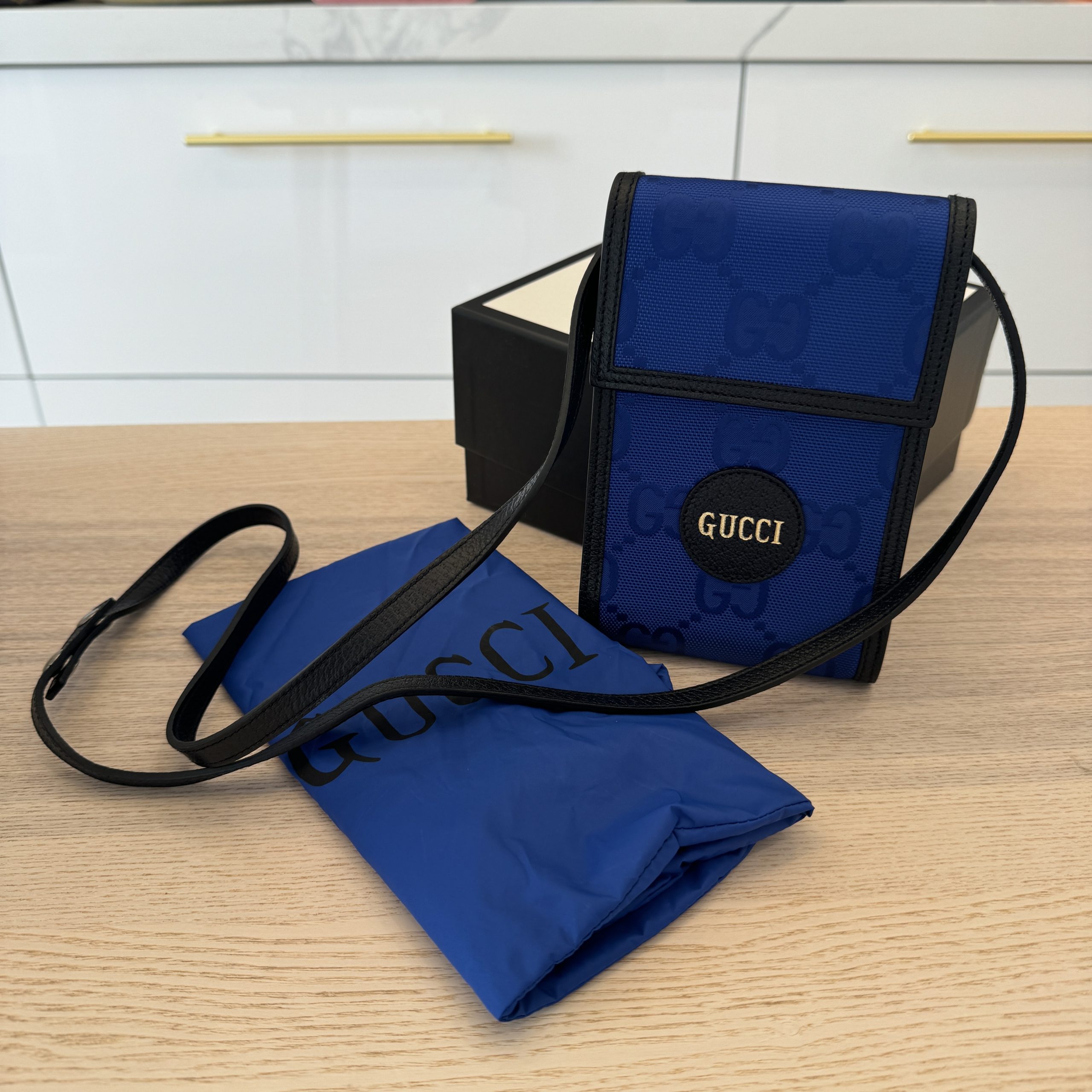 Gucci Econyl Nylon Monogram Off The Grid Crossbody Bag Guilted Blue Black