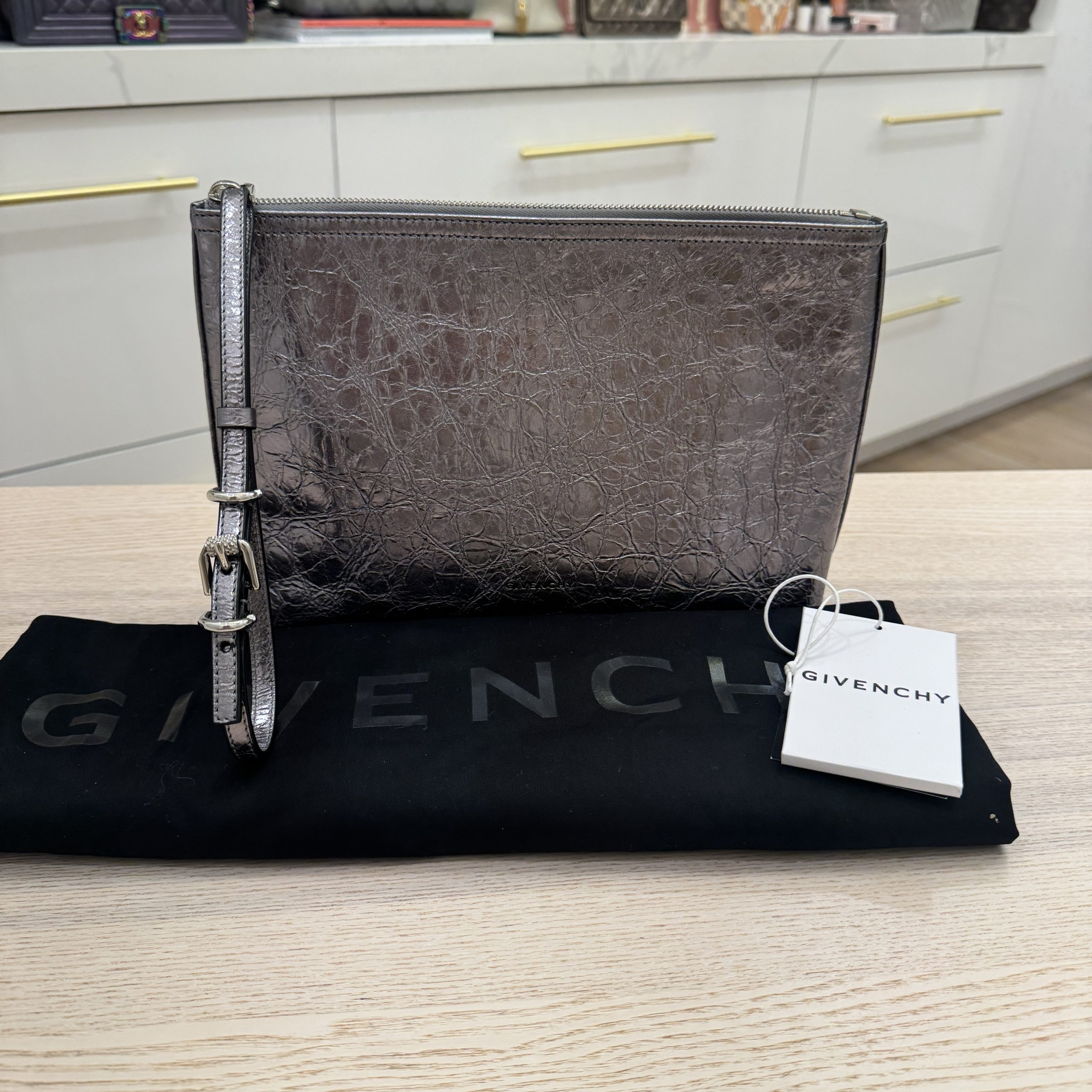 Givenchy Metallic Silver Voyou Pouch in Leather